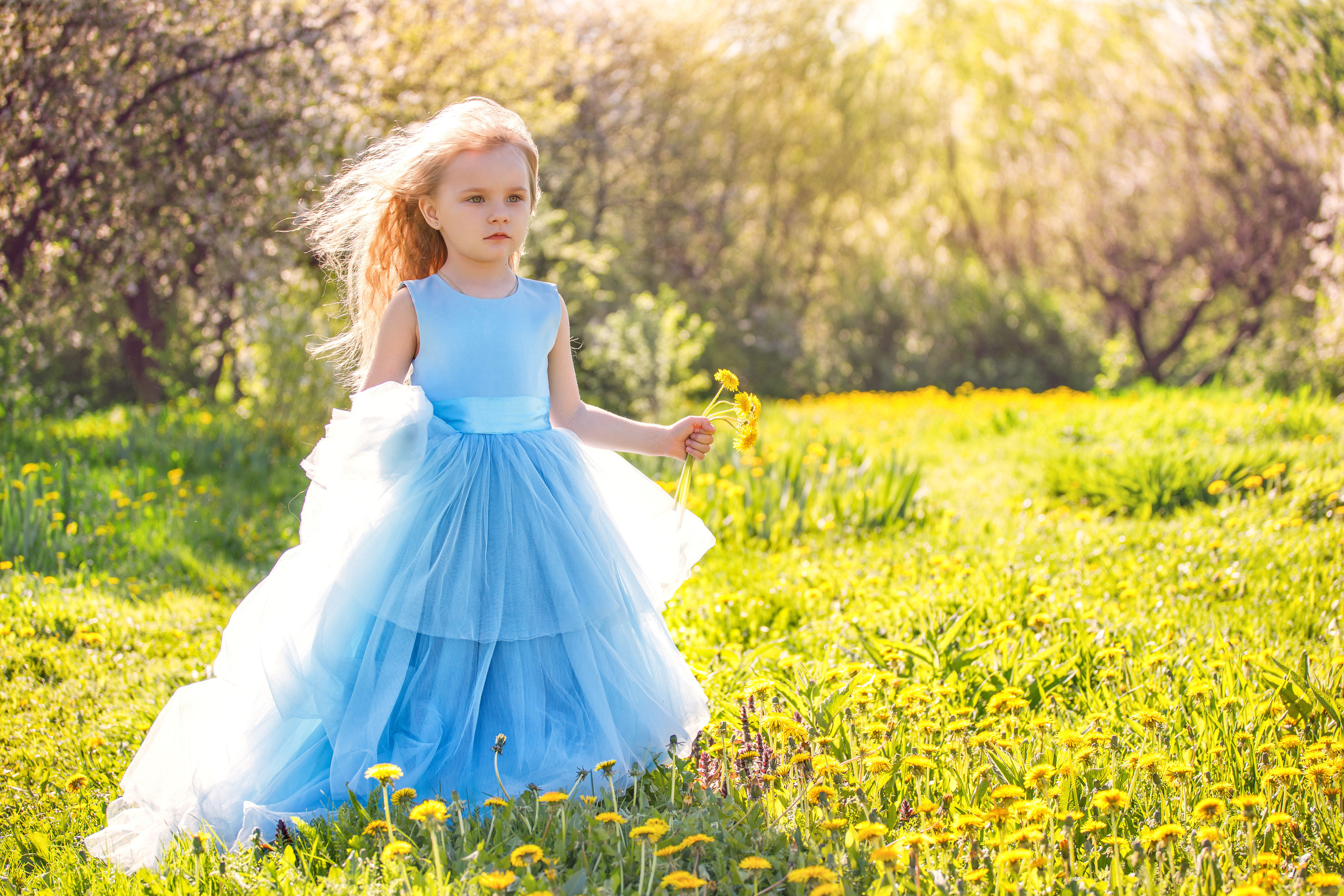 девочка в голубом платье на фоне желтых одуванчиков