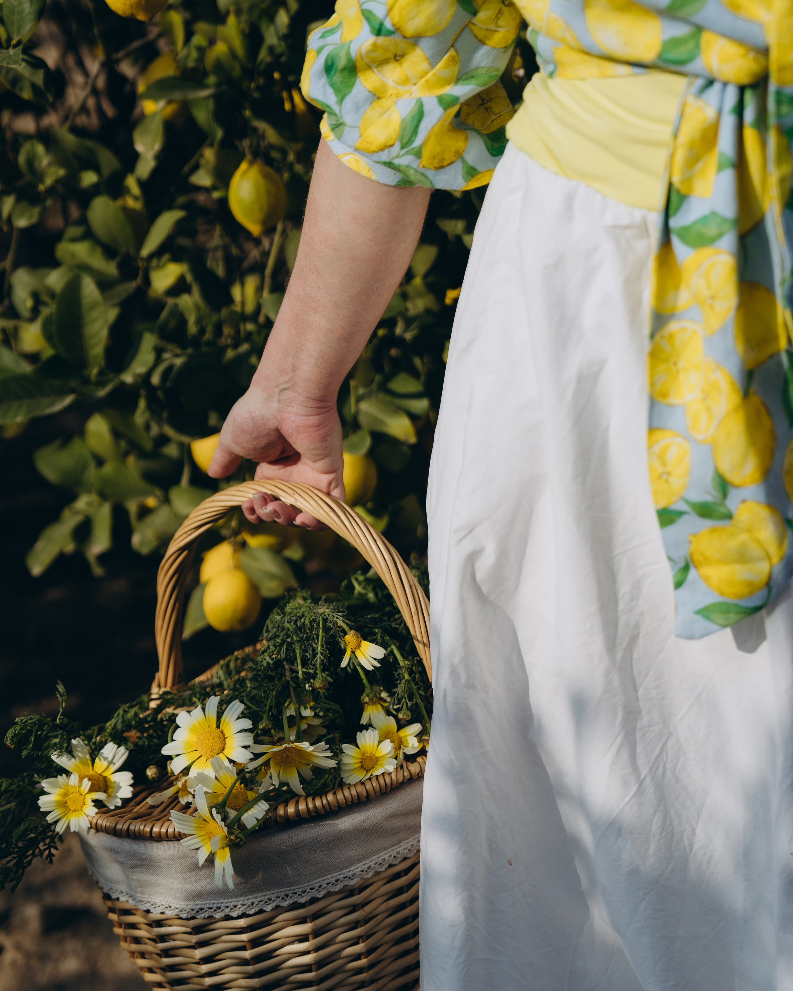 корзина с желтыми цветами и лимонами