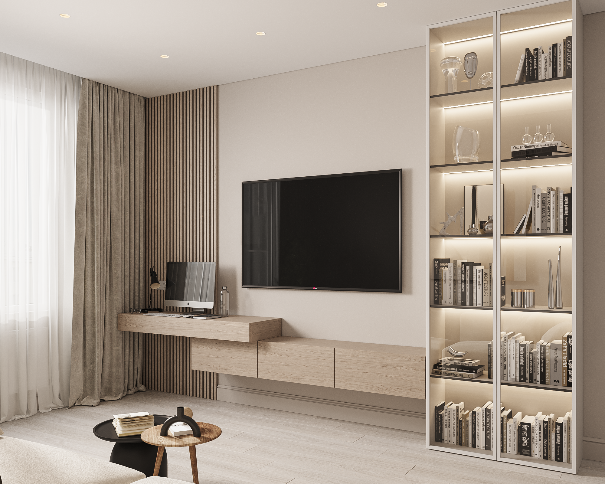 Гостиная в бежевых оттенках с мягкой посадкой и натуральными материалами — интерьер дизайнер Ксения Новикова, проект 65 м² в ЖК «Неоклассика»