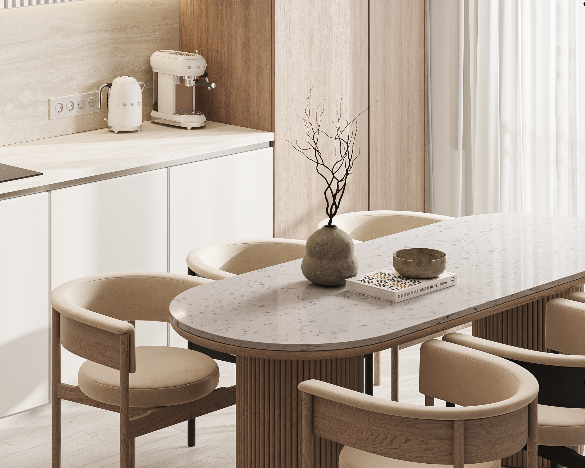 Светлая кухня-столовая с уютной обеденной зоной и лаконичным фасадом — интерьерный проект Ксении Новиковой ksudsgn в ЖК «Неоклассика», Санкт-Петербург