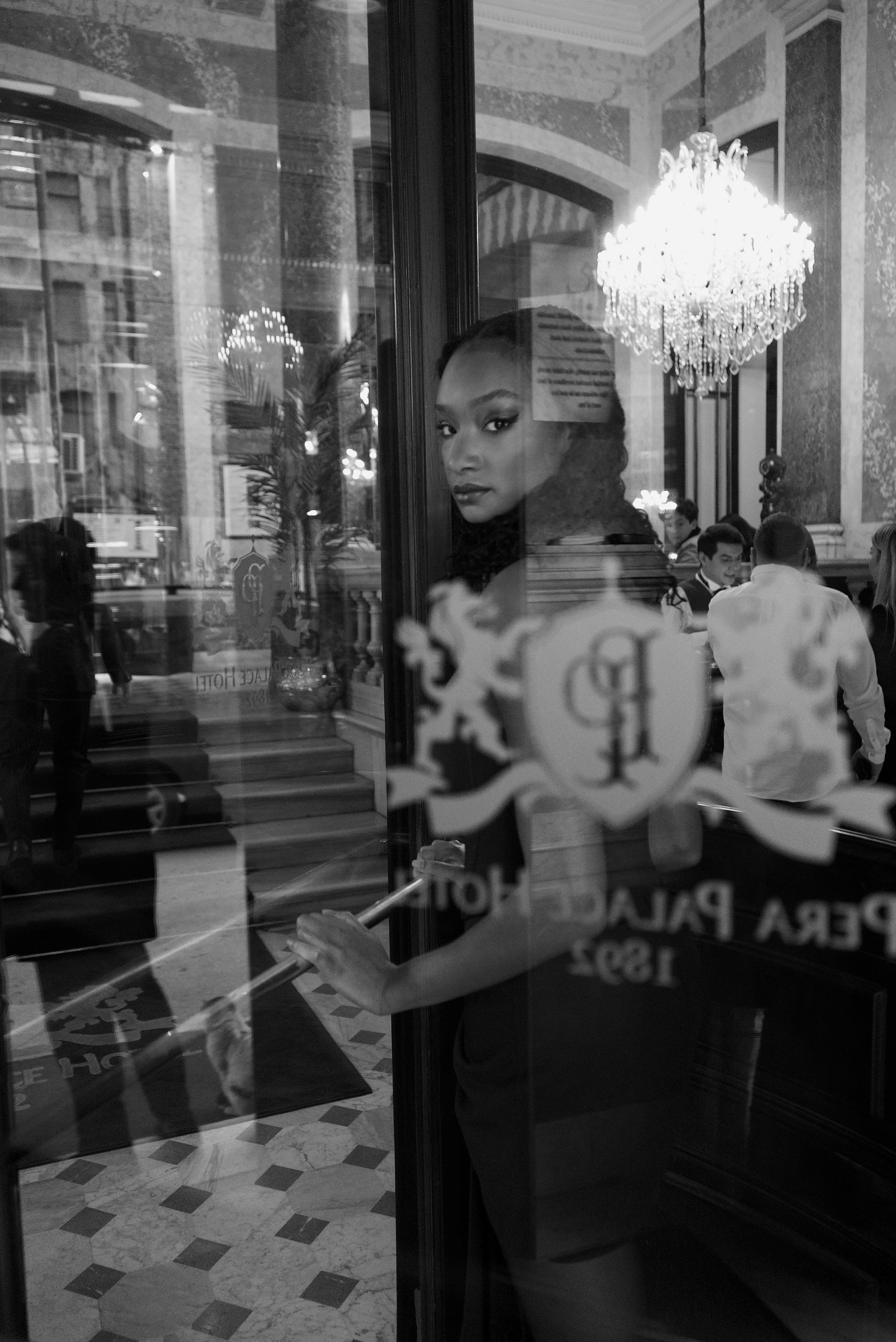 Black and white editorial portrait with luxury hotel atmosphere in Istanbul