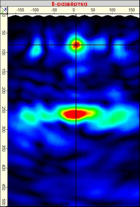 Поиск внутренних дефектов в бетоне монолитного железобетонного пилона ультразвуковым эхометодом (метод ультразвуковой эхо-томографии). B-томограмма (B-скан)