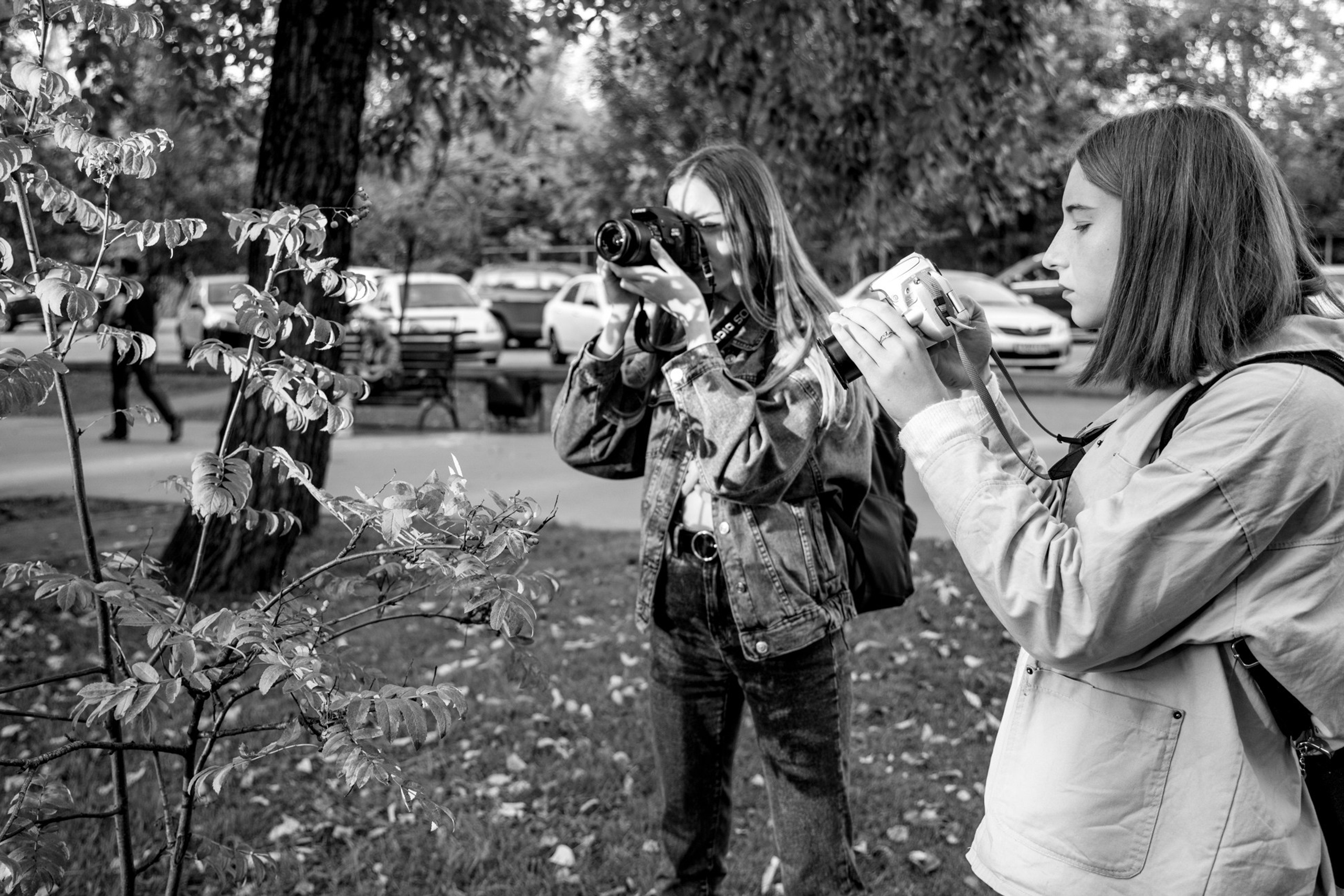 Осенняя пора благоволит снимать и восхищаться. Девушки, ученицы фотокурсов Артёма Андронова в поисках нужного ракурса.