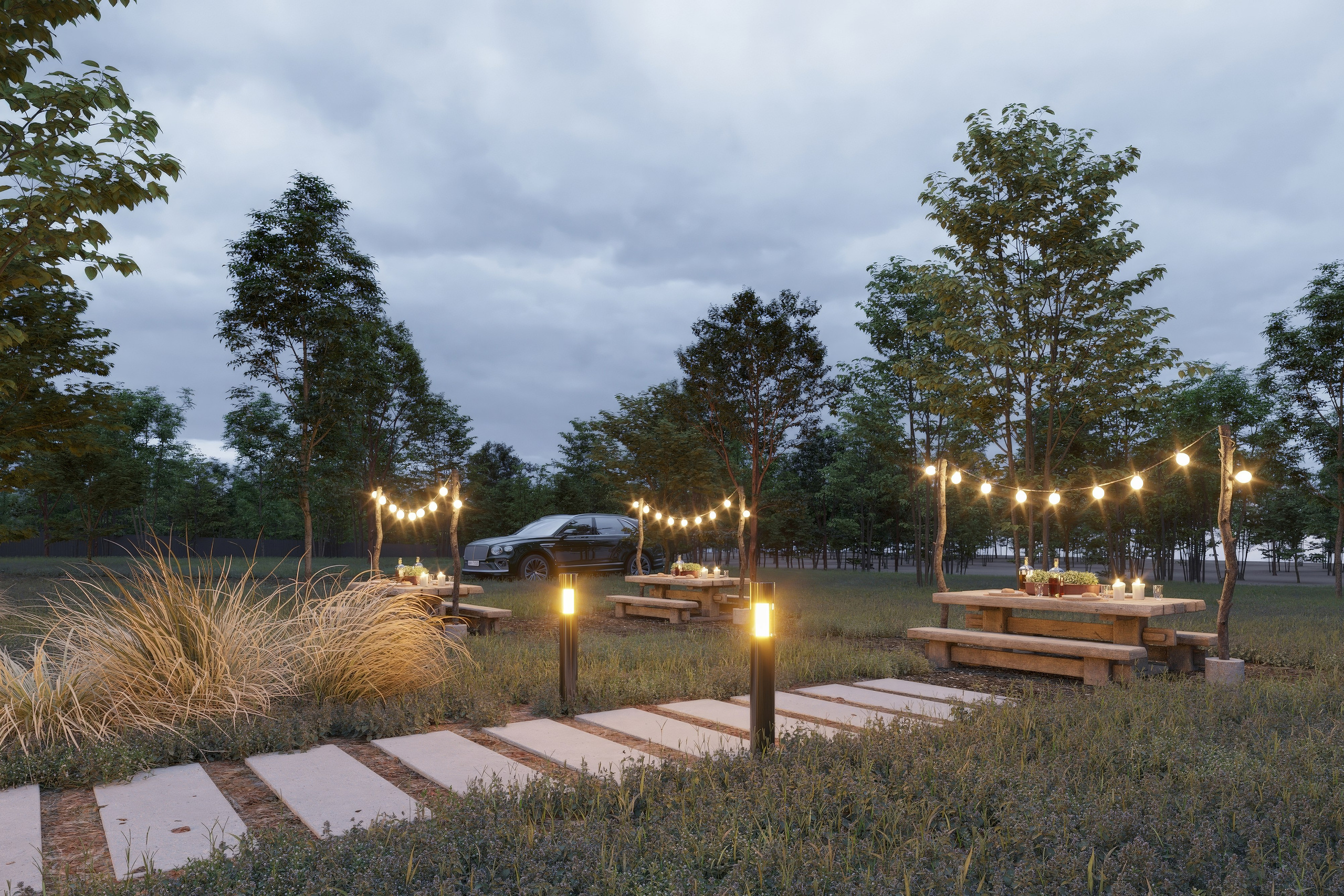 Визуализация вечерней зоны отдыха в глэмпинге с гирляндами и сервированными столами