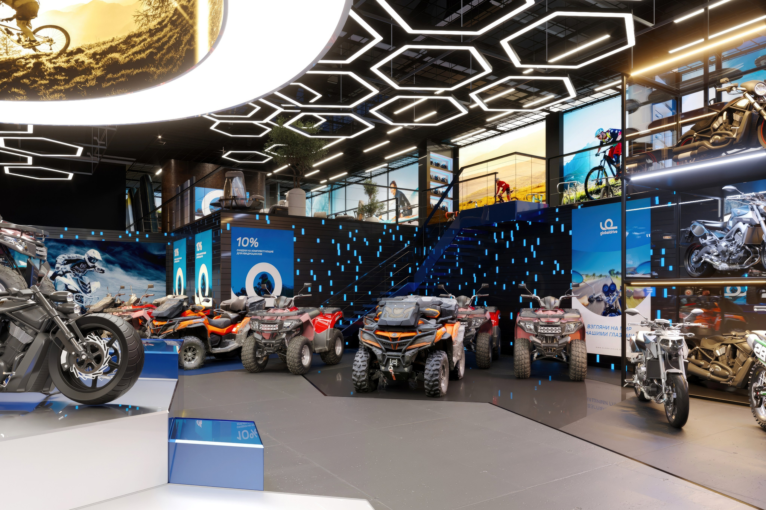 Motorbike Showroom Design Project — Bold and Modern Retail Space. 3D INTERIOR AND ARCHITECTURE VISUALIZATION