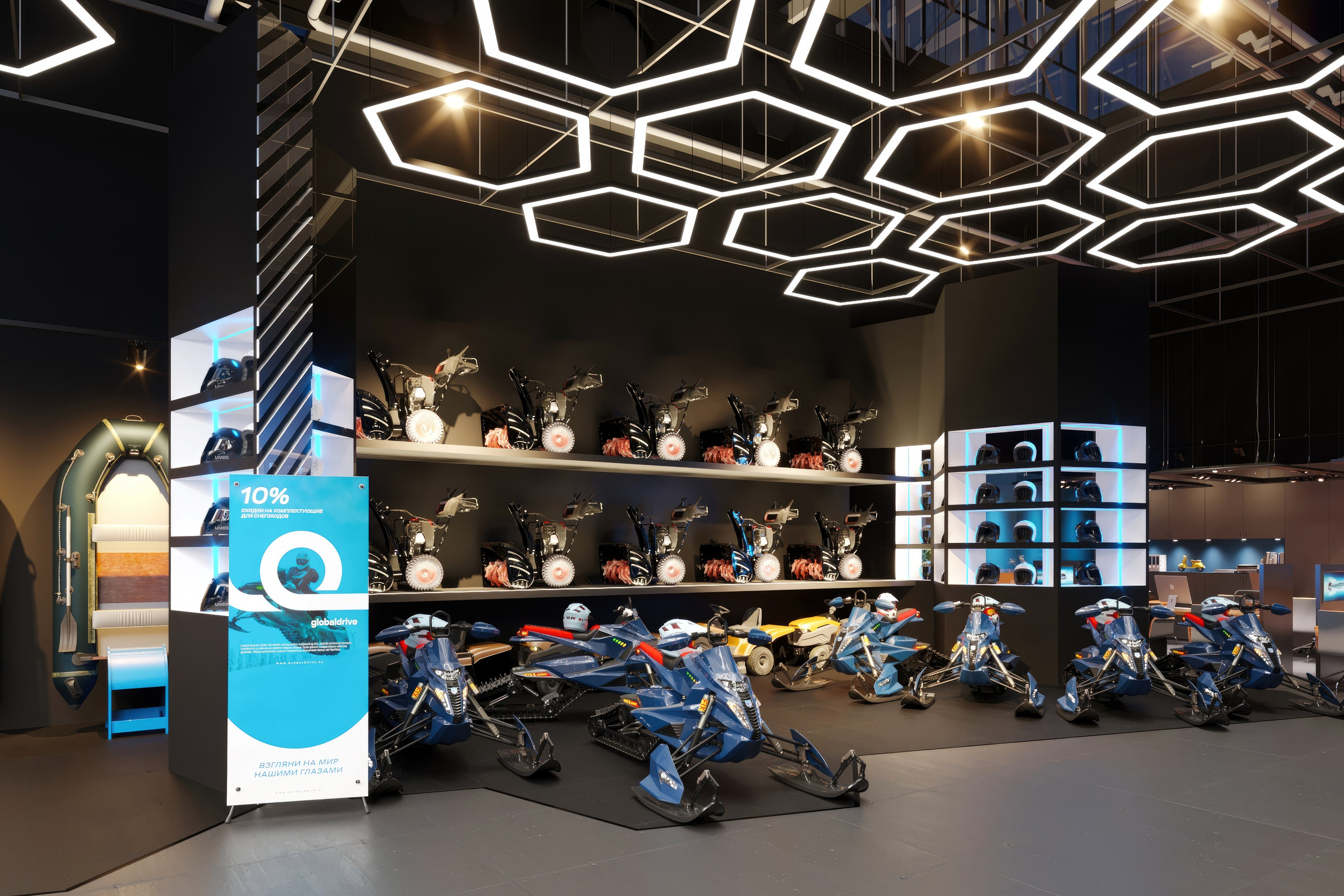 Motorbike Showroom Design Project — Bold and Modern Retail Space. 3D INTERIOR AND ARCHITECTURE VISUALIZATION