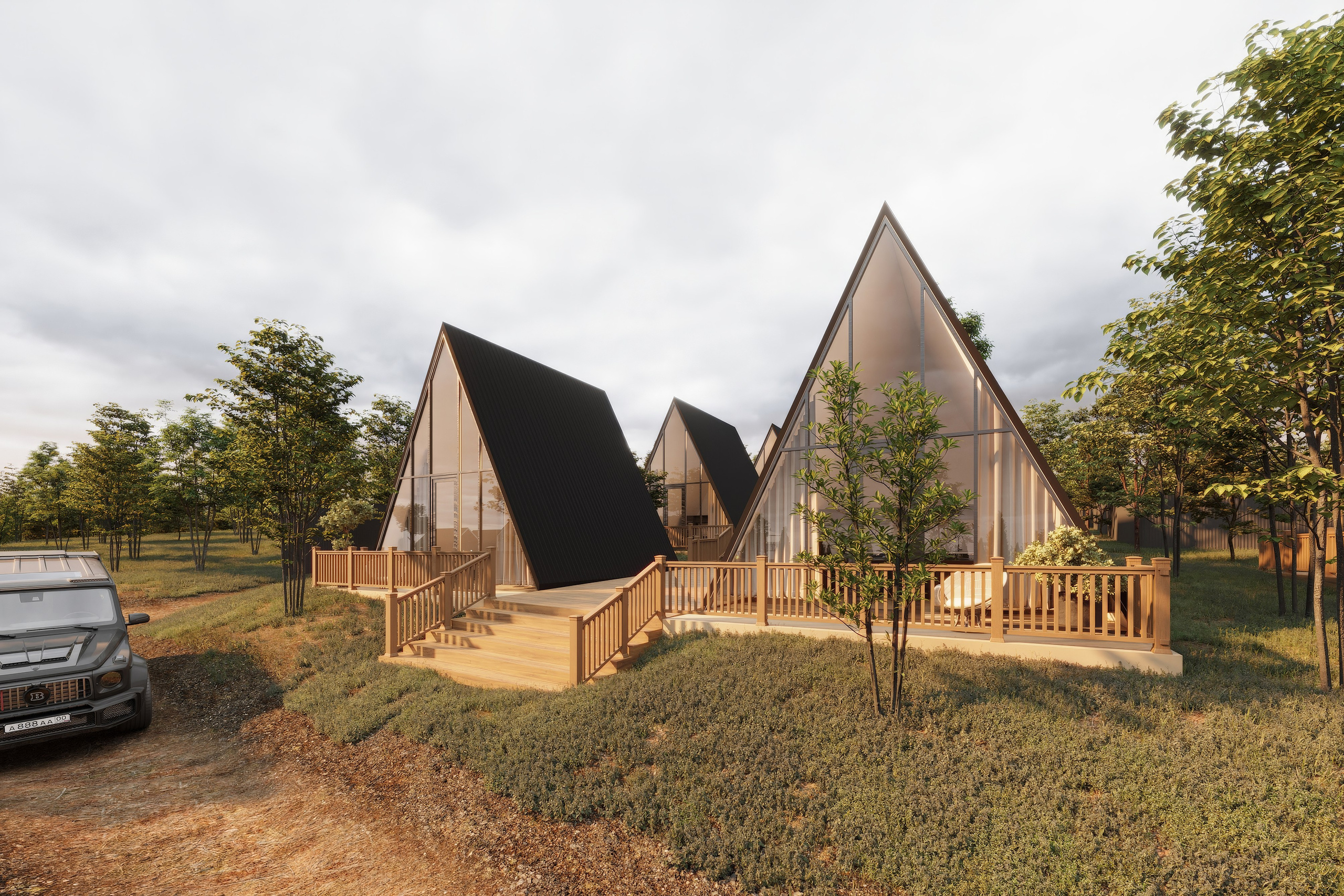 Визуализация глэмпинга с треугольными A-frame домиками и природным окружением