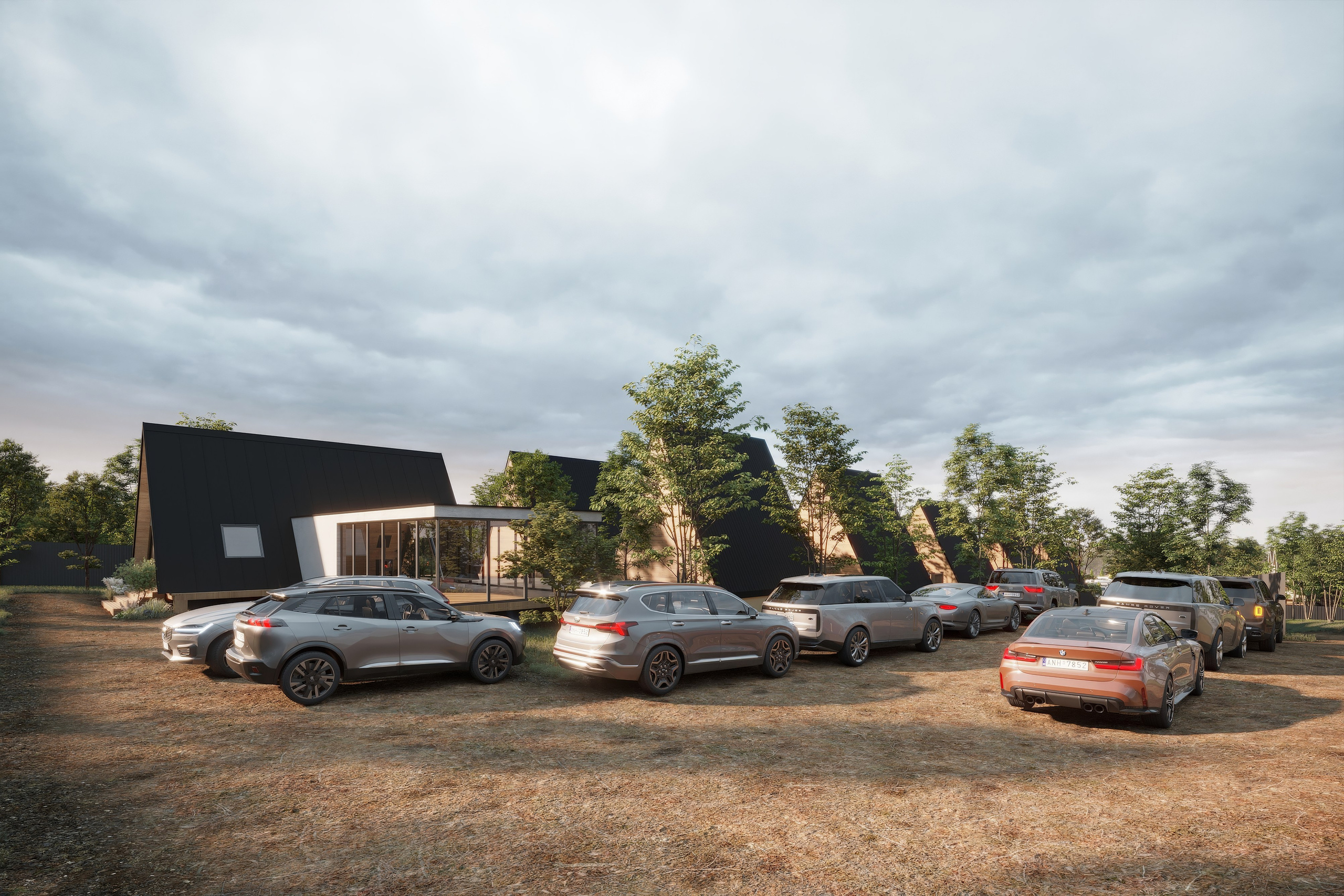 Общий план глэмпинг-комплекса с домиками, машиной и окружающей природой