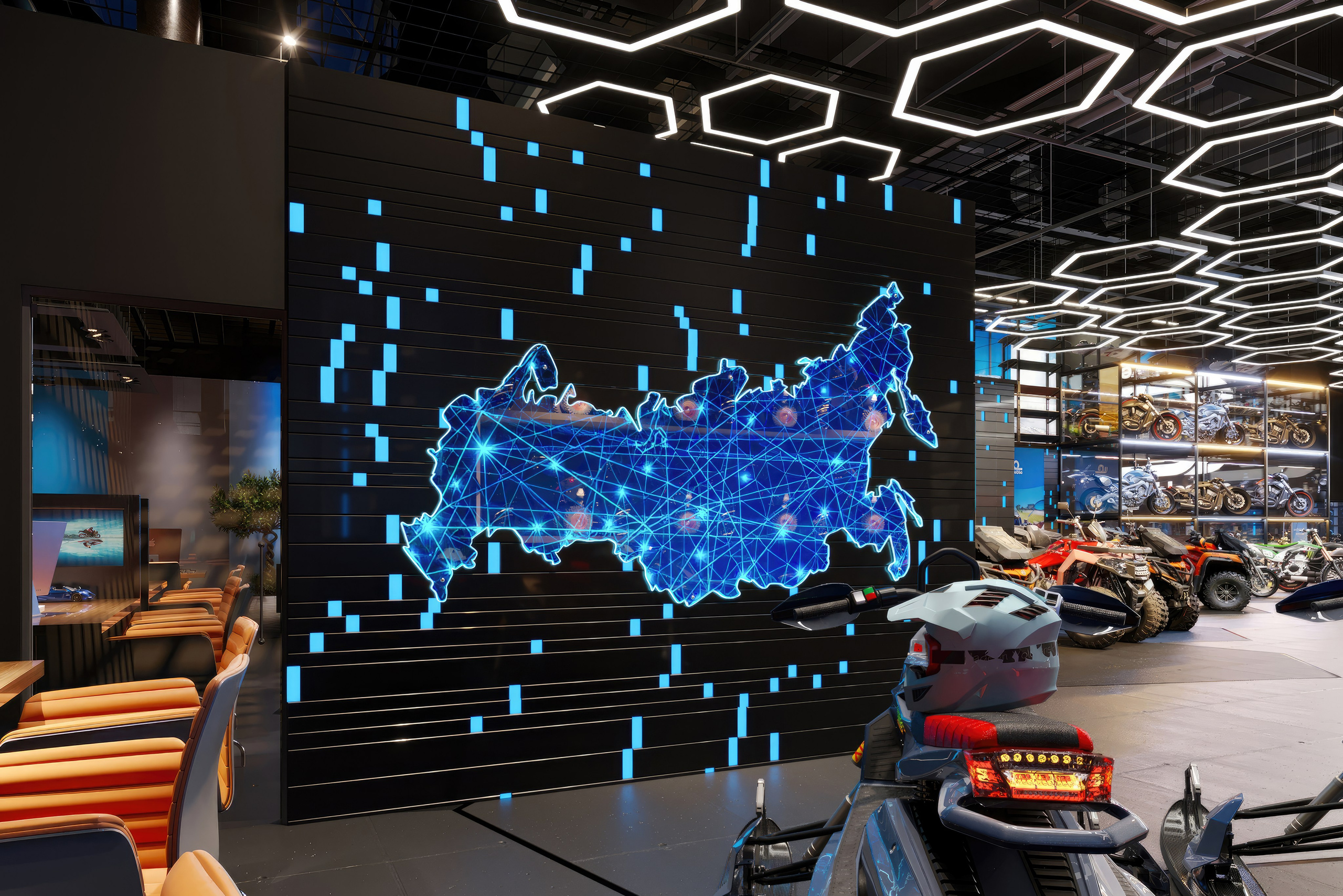 Motorbike Showroom Design Project — Bold and Modern Retail Space. 3D INTERIOR AND ARCHITECTURE VISUALIZATION
