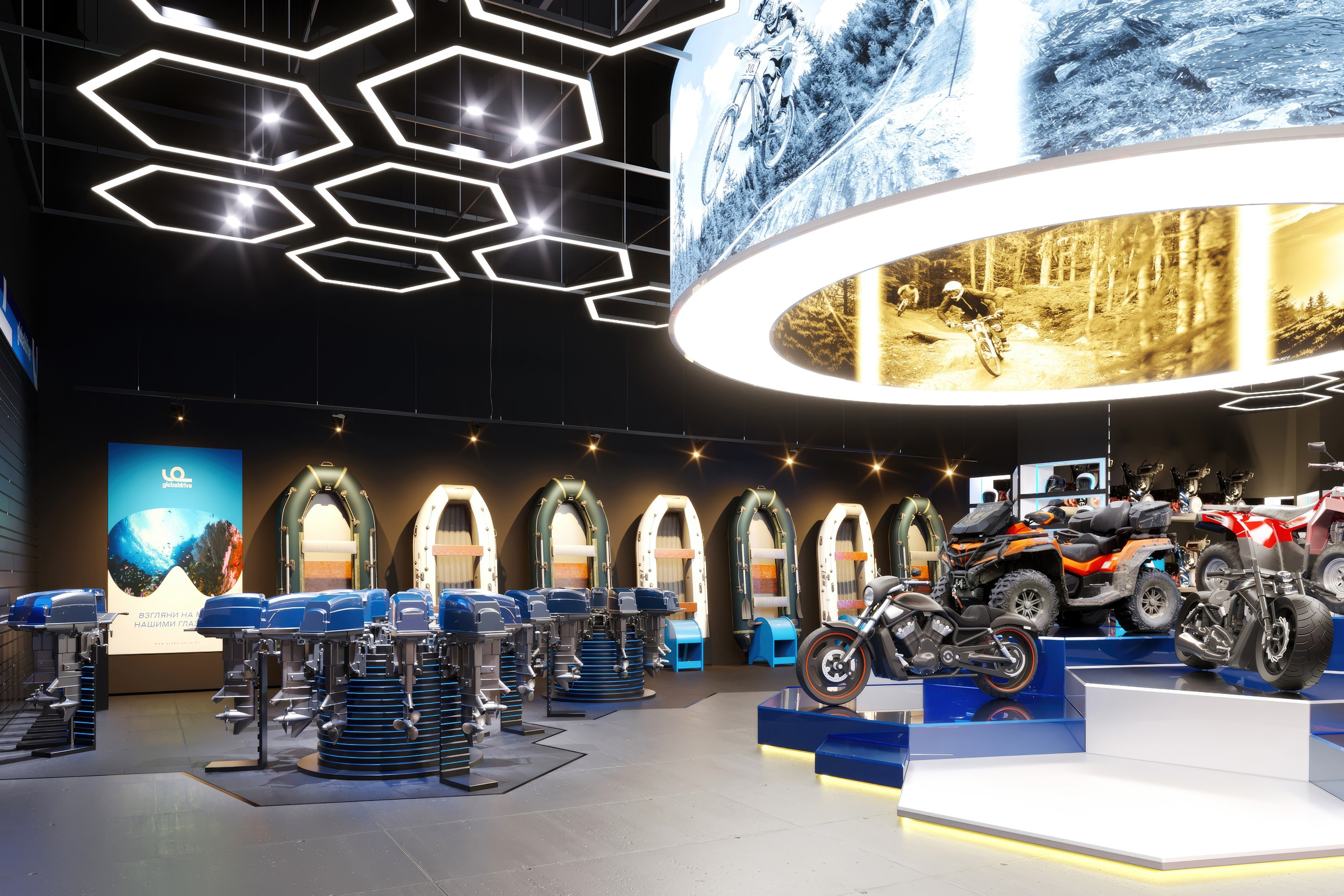 Motorbike Showroom Design Project — Bold and Modern Retail Space. 3D INTERIOR AND ARCHITECTURE VISUALIZATION