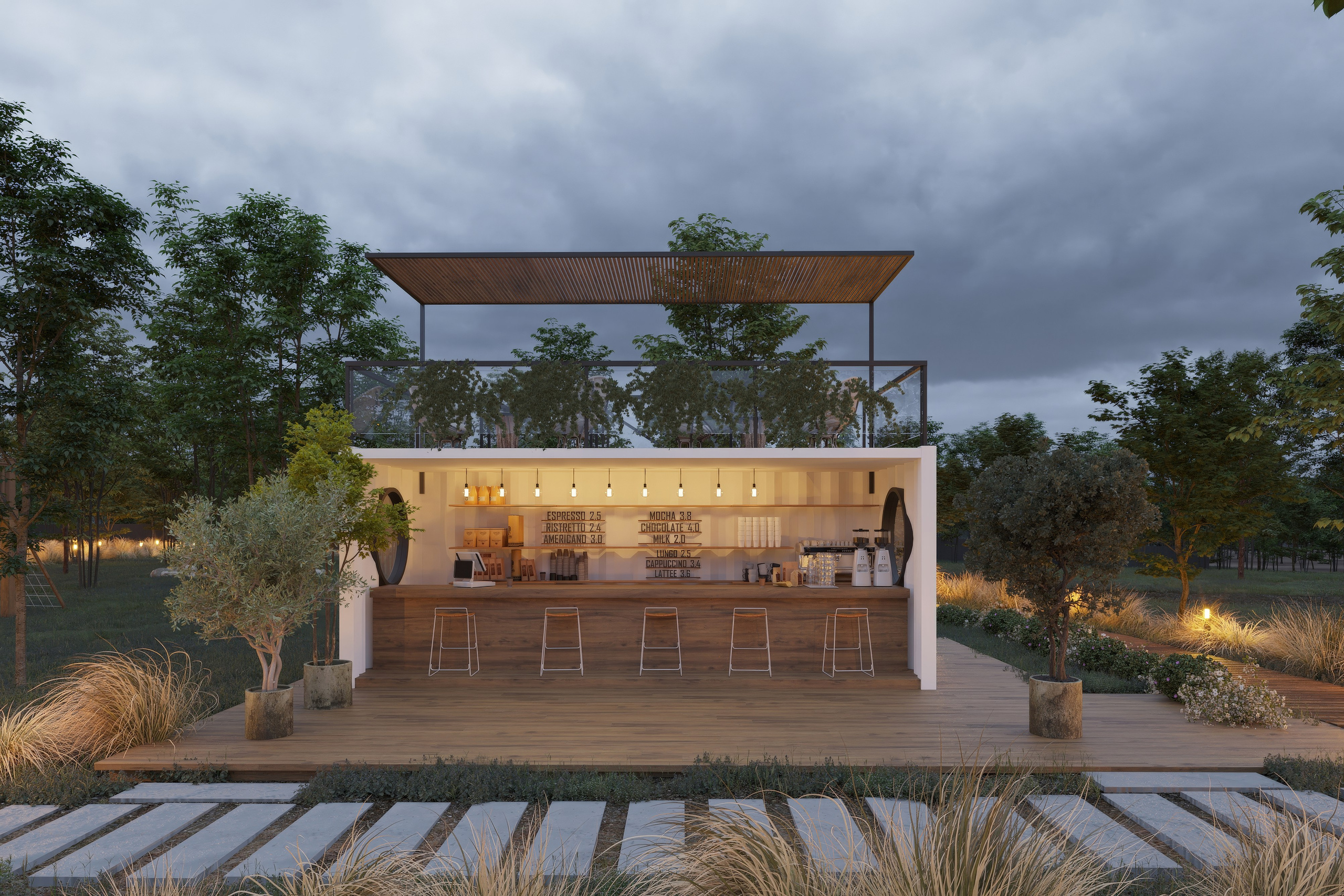 Открытое кафе с деревянной террасой, барными стульями и зеленью в проекте глэмпинга