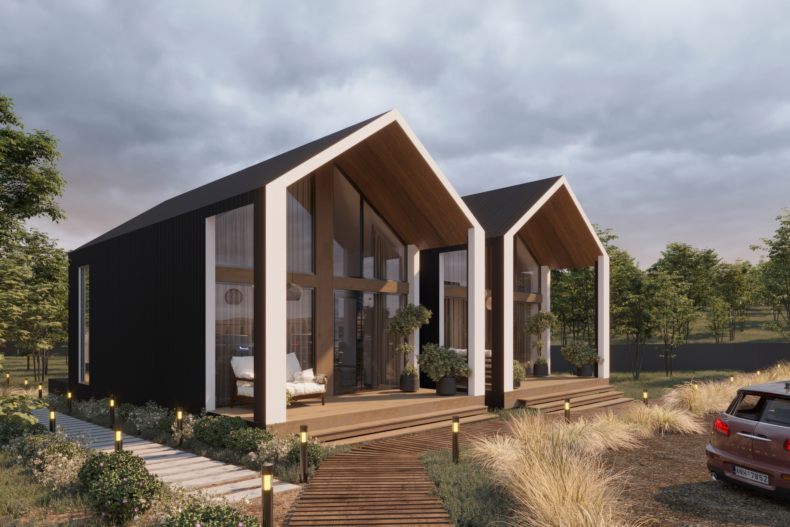 Архитектурная визуализация компактного домика с деревянной верандой и зелёным пейзажем