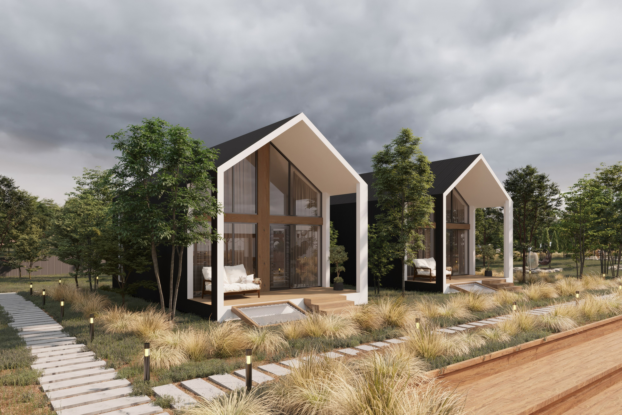 Визуализация глэмпинг-домика в современном A-frame стиле с террасой и деревьями на фоне облачного неба