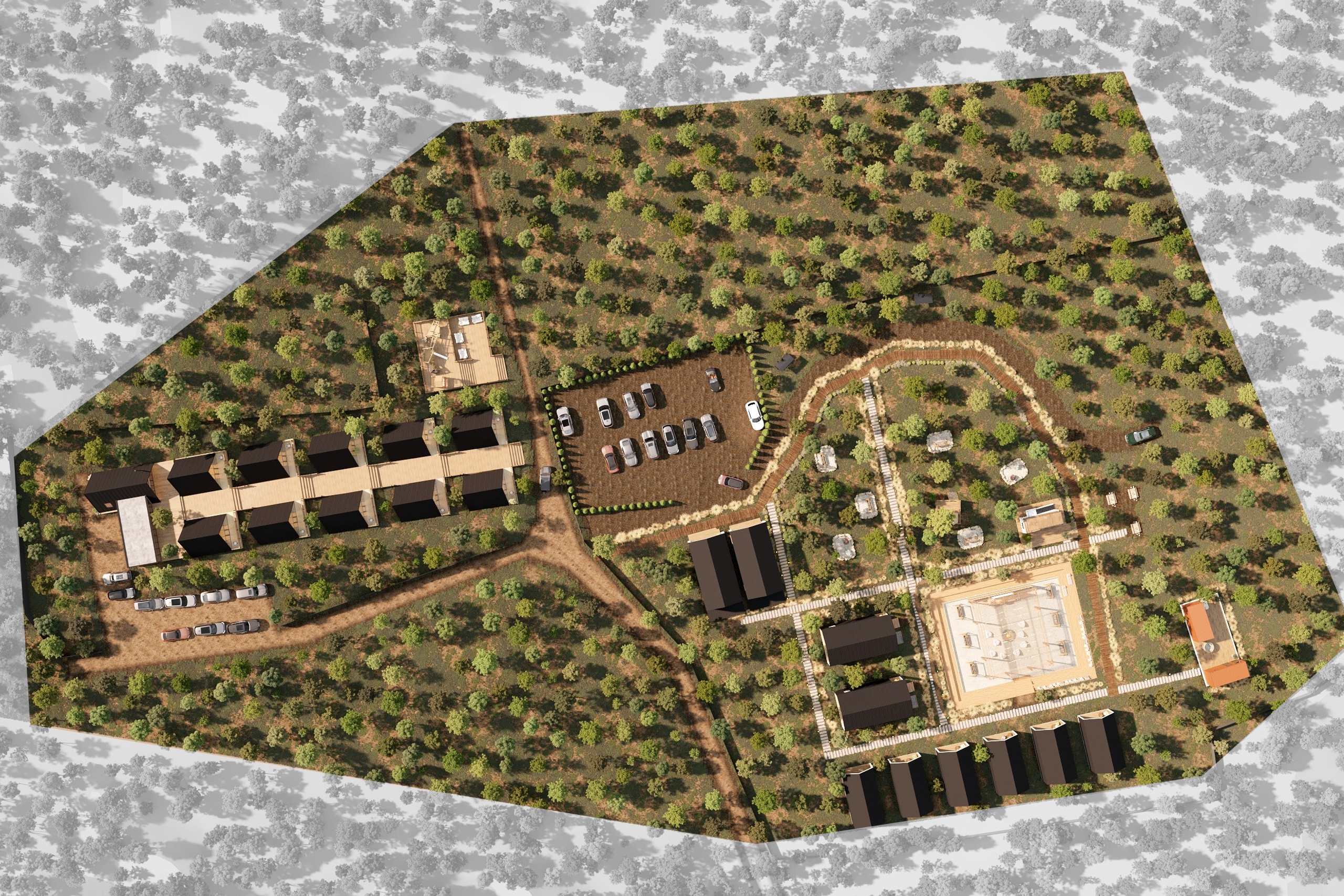 Топ-вью (вид сверху) на территорию глэмпинга: расстановка домиков, тропинок и зон отдыха