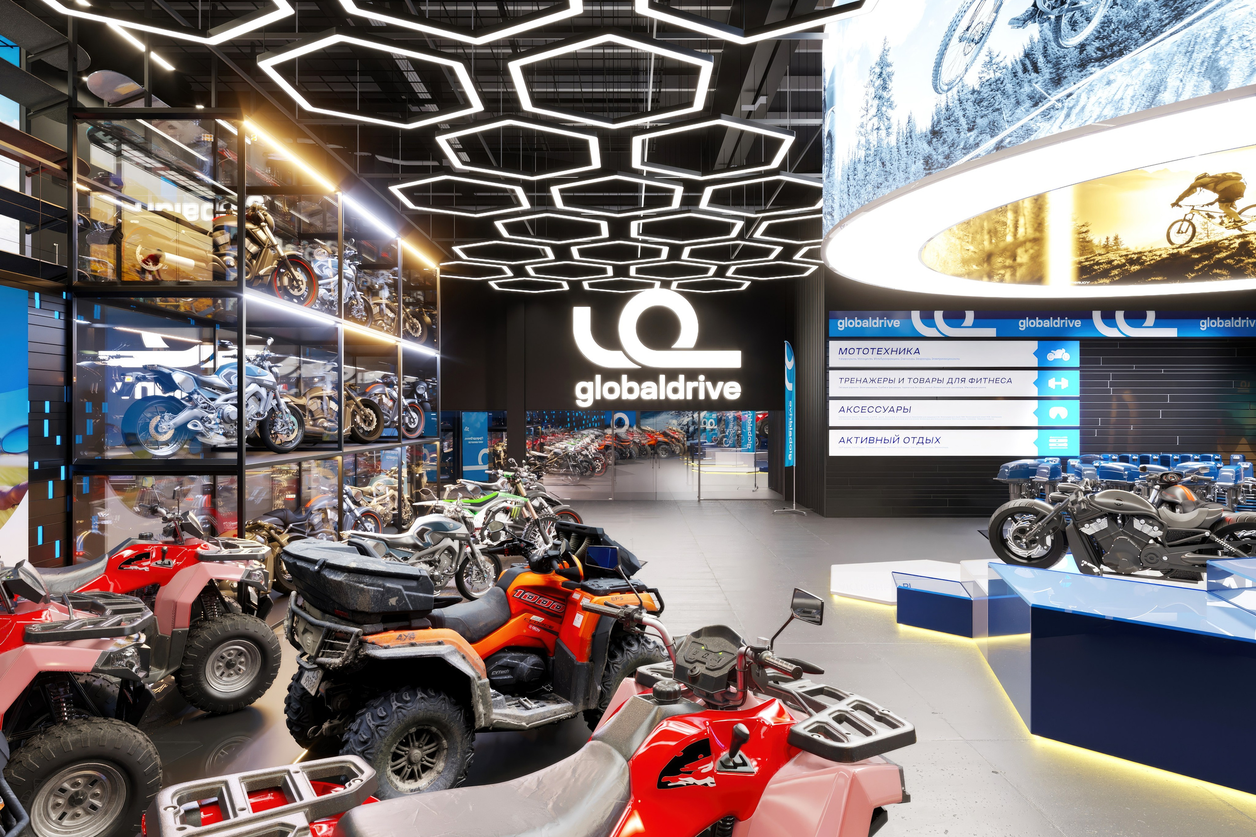 Motorbike Showroom Design Project — Bold and Modern Retail Space. 3D INTERIOR AND ARCHITECTURE VISUALIZATION