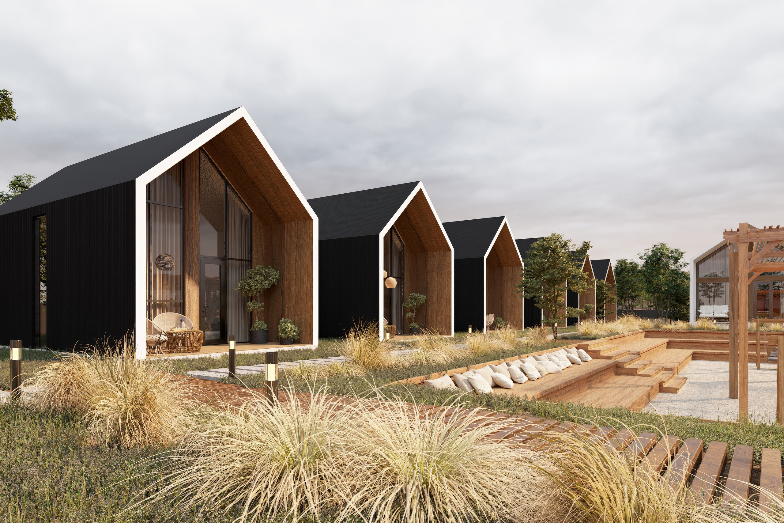 Современные A-frame домики в глэмпинге с выразительной архитектурой и природным окружением