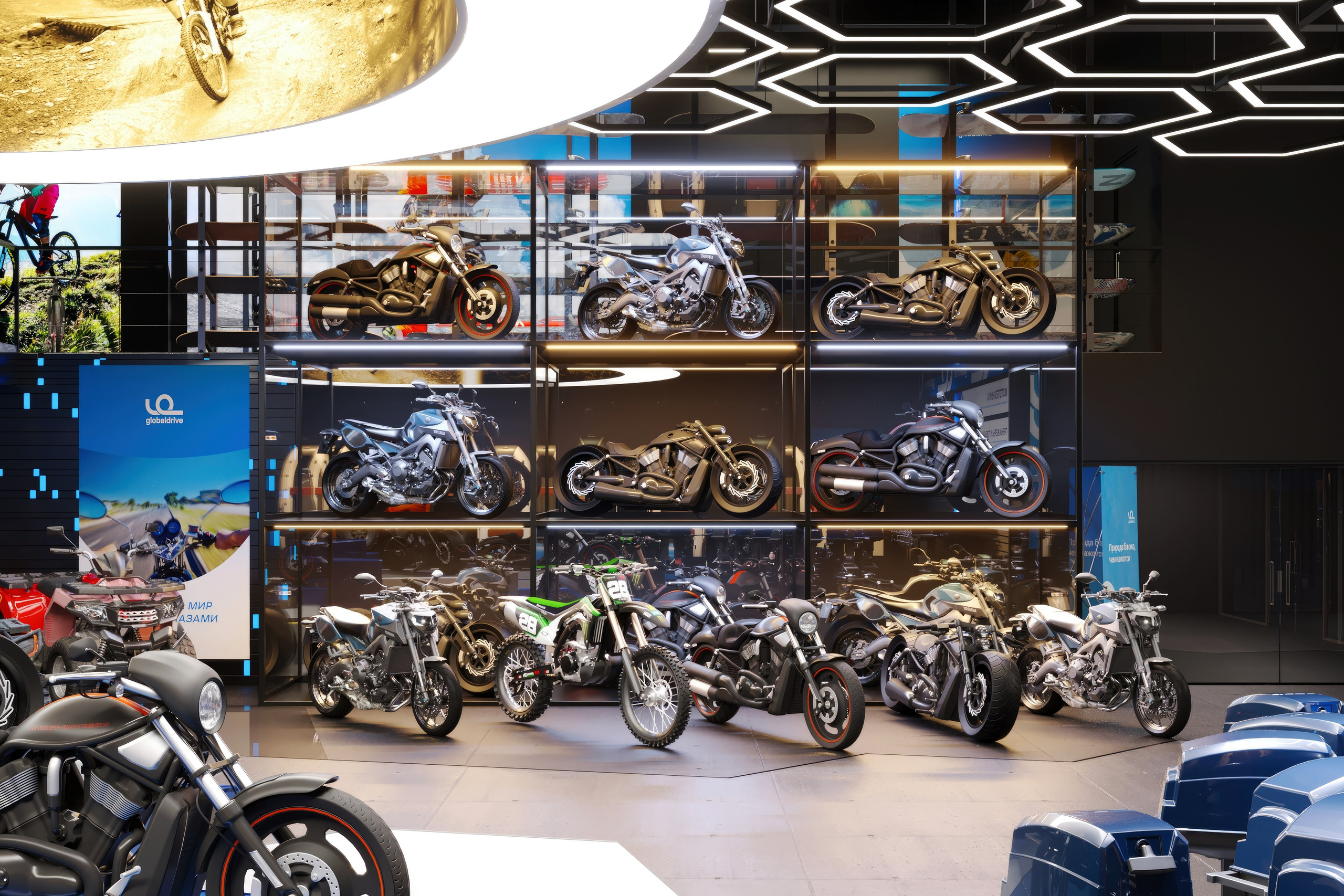 Motorbike Showroom Design Project — Bold and Modern Retail Space. 3D INTERIOR AND ARCHITECTURE VISUALIZATION