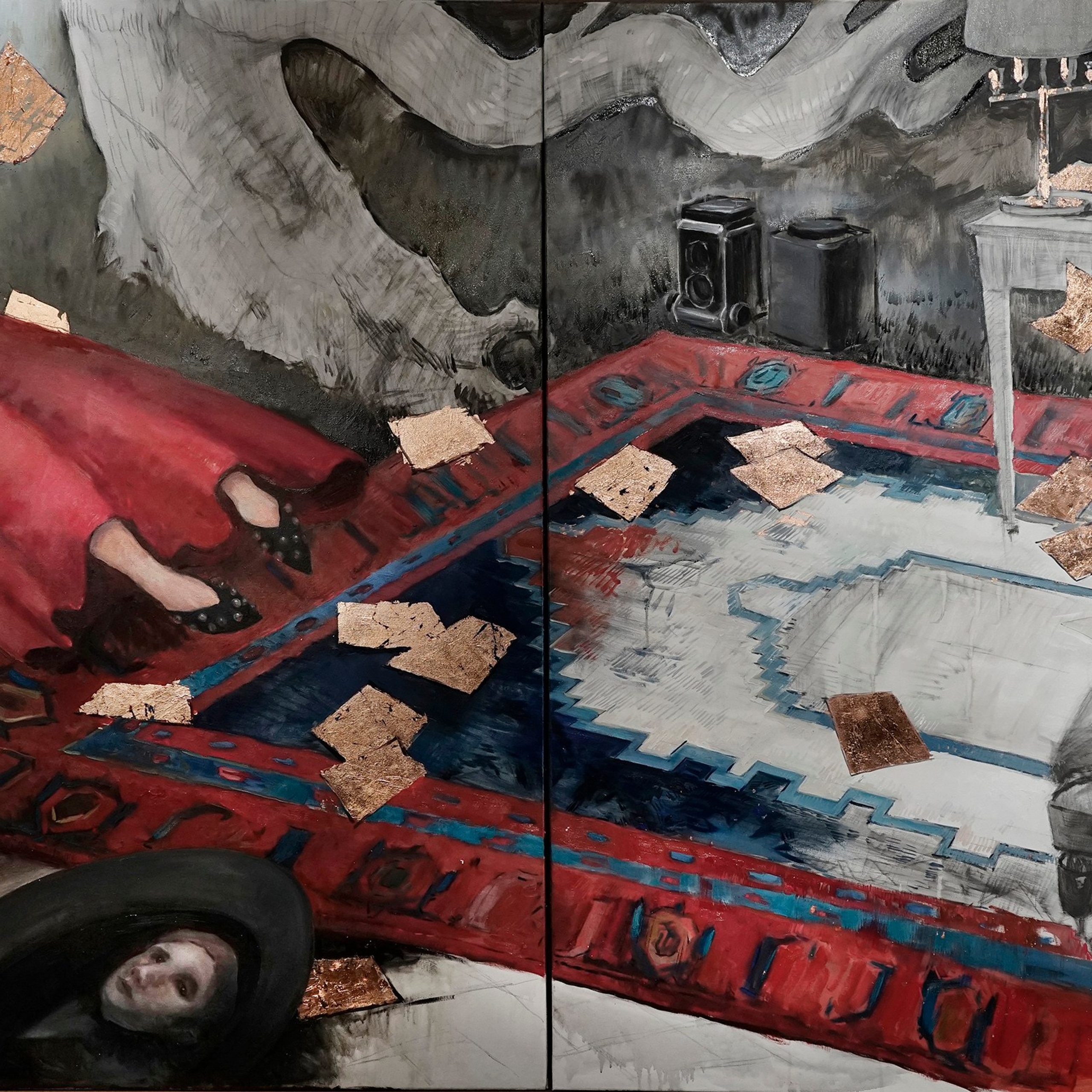 Картина посвящена А.С.Пушкину, его прибыванию в ссылке в его родовом имении Михайловское. обстановка его кабинета, сплетаются с со знаковыми эпизодами того времени. выставка современного искусства в москве