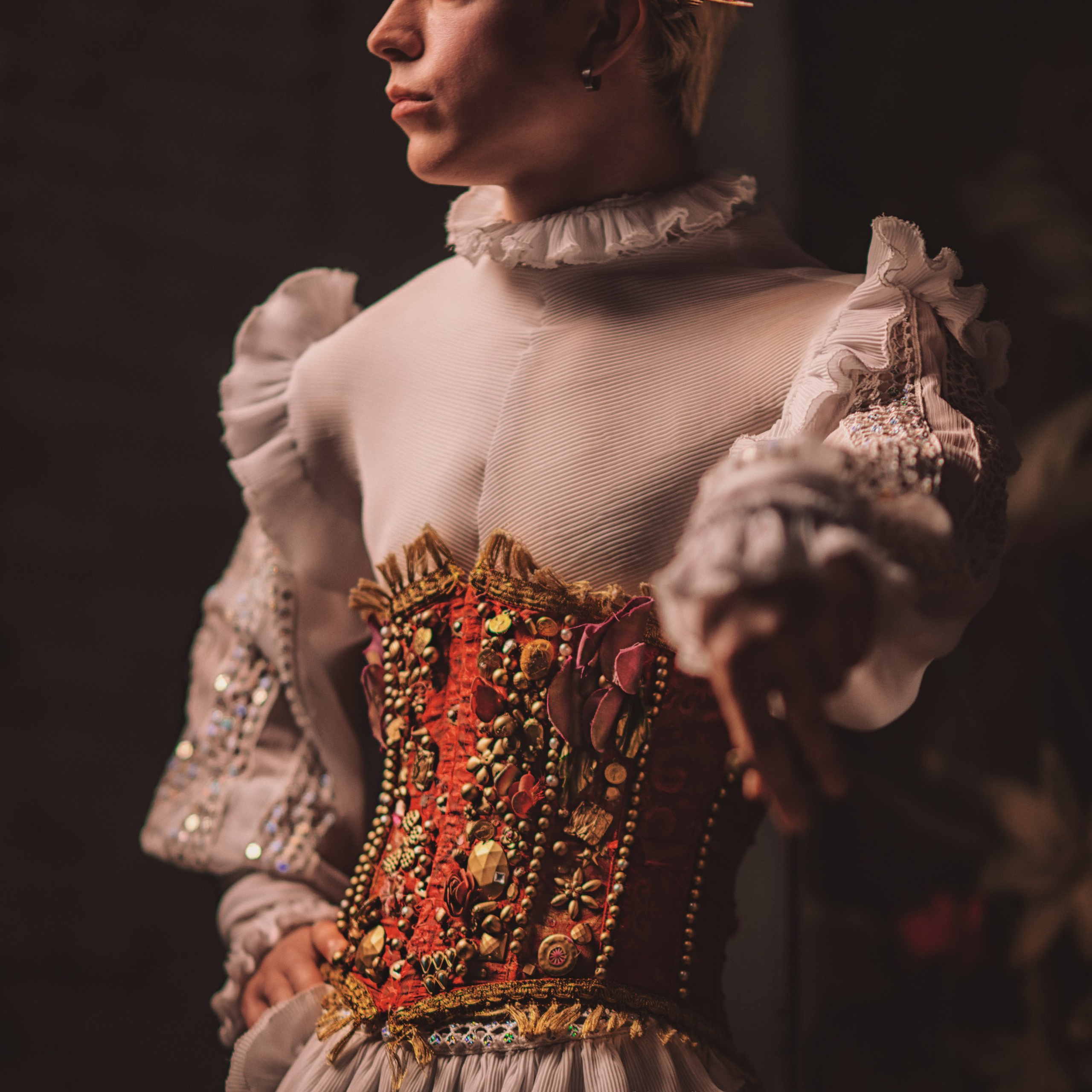 человек в ярком платье с великолепным корсетом, украшенным драгоценными элементами и цветами. Уникальный наряд в сочетании с пышными рукавами и выразительным жестом создаёт атмосферу торжественности и загадочности. Темный фон подчеркивает яркие детали одежды, добавляя глубину и текстуру фотографии.