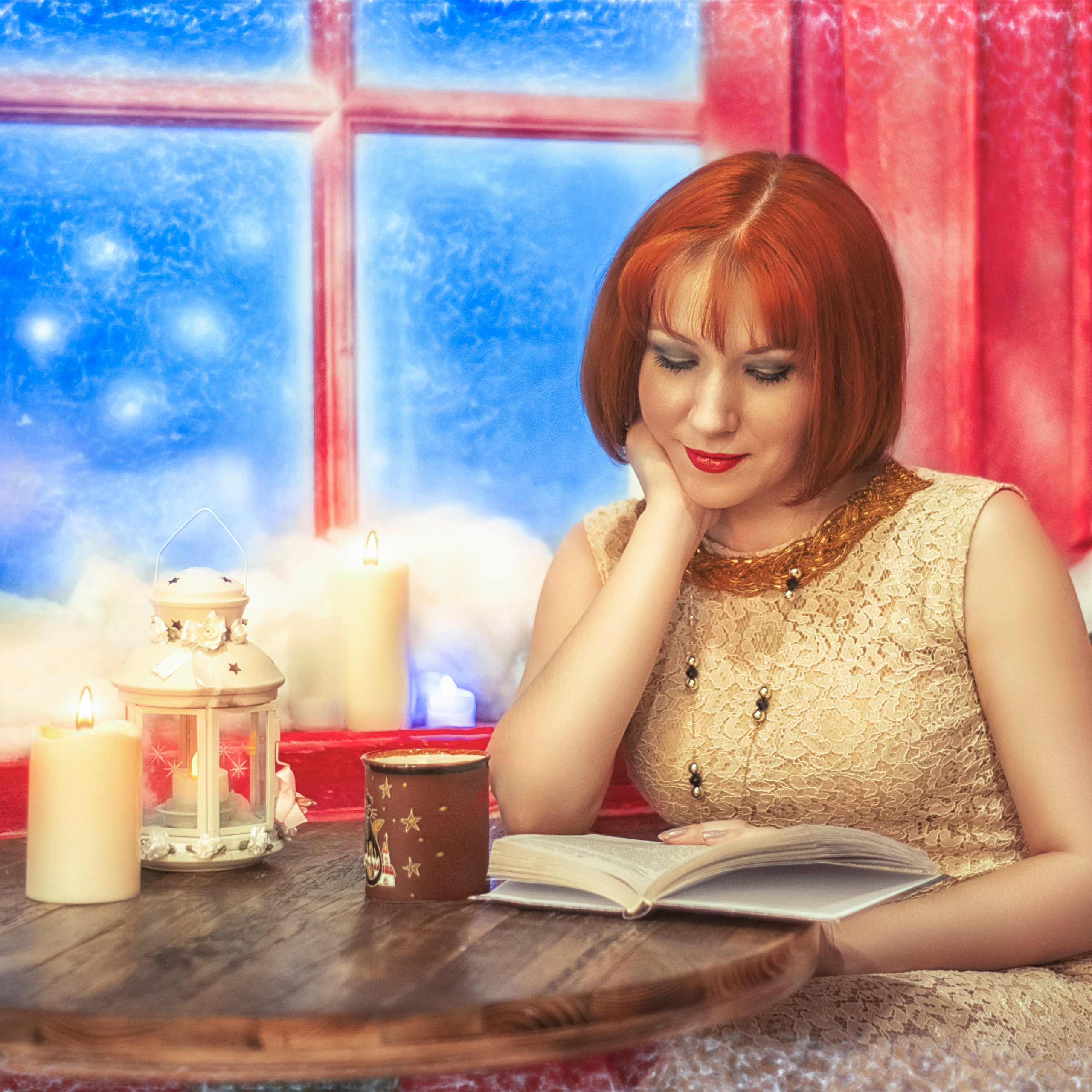 Девушка в красивом платье читает книгу