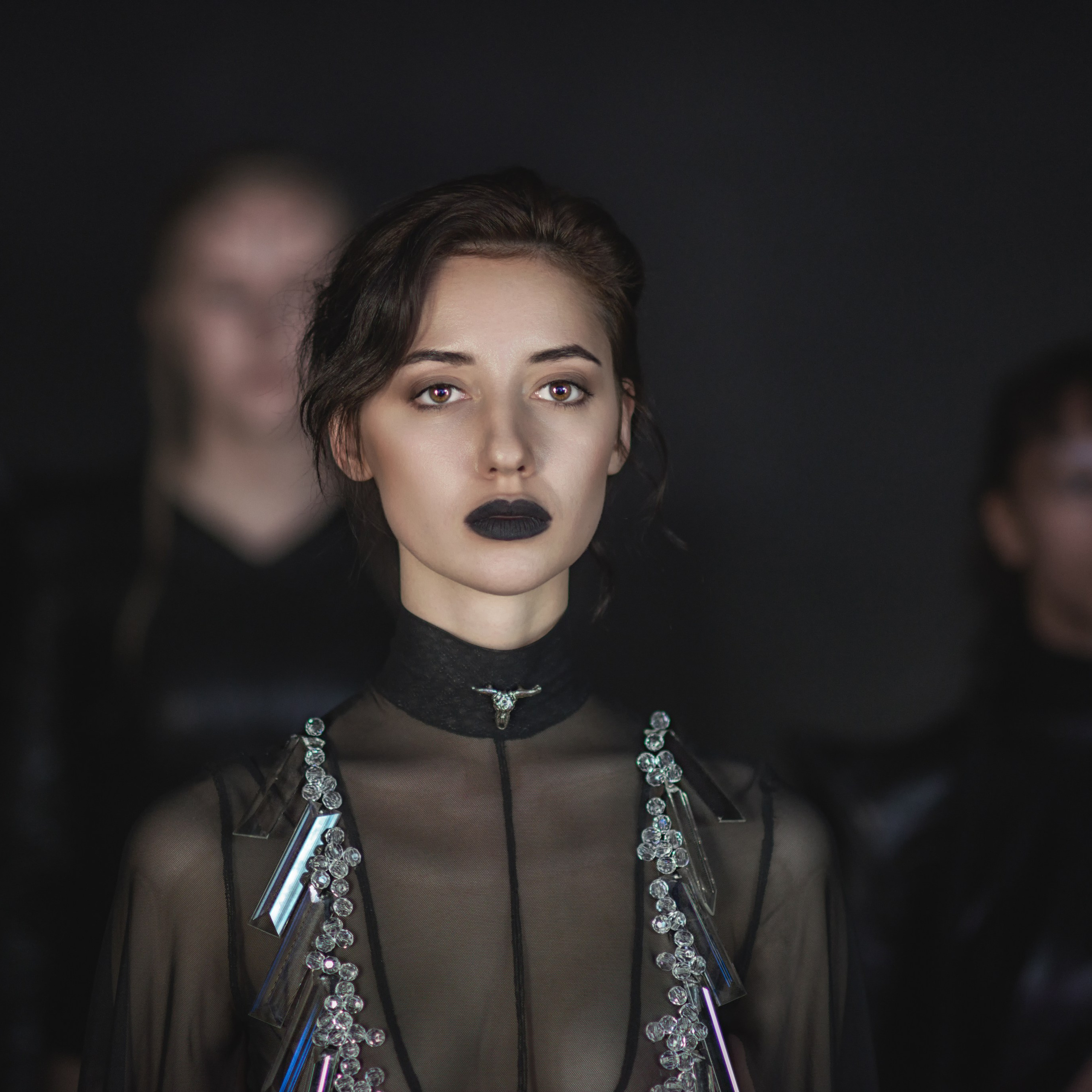 Девушка с хрусталем на темном прозрачном платье