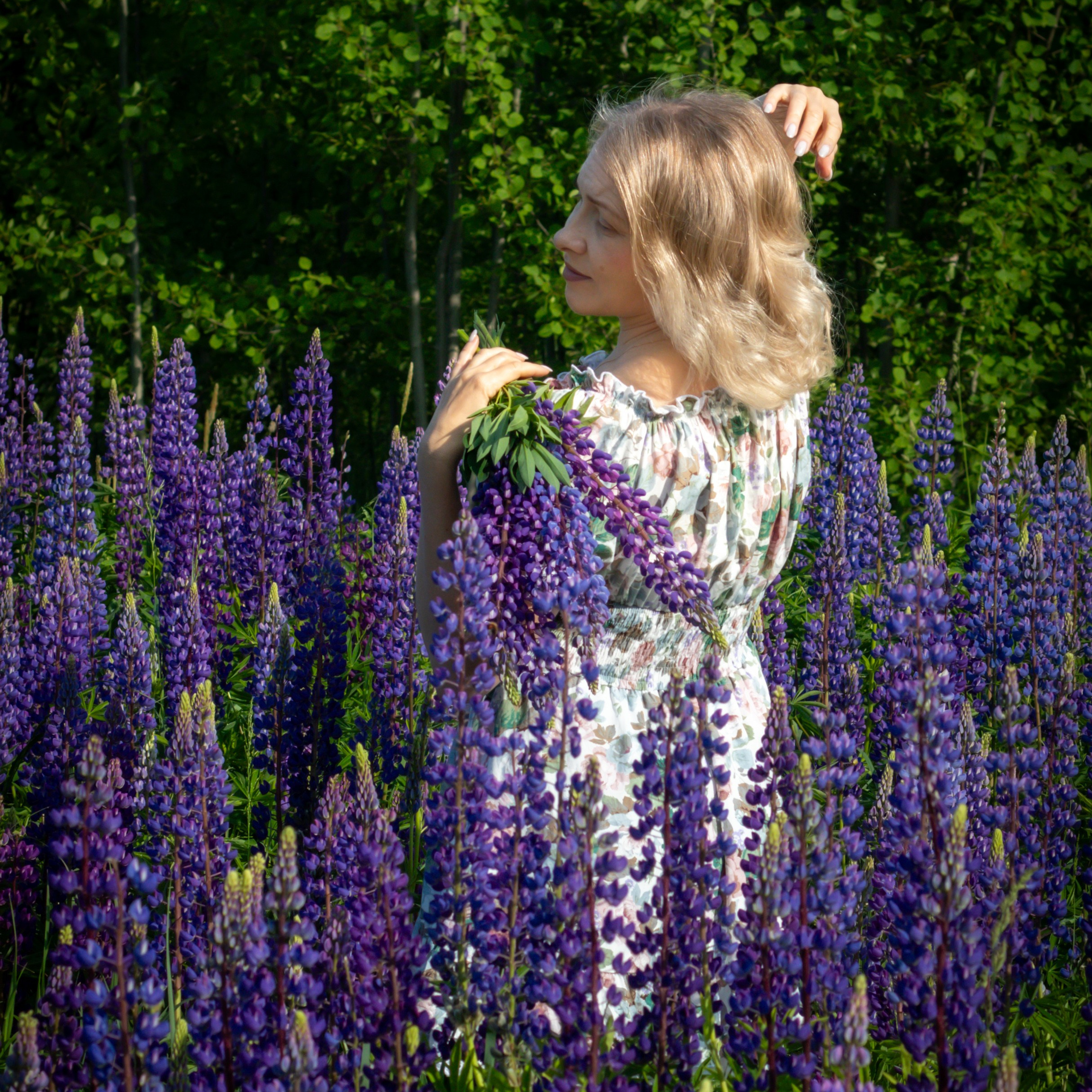 Летняя фотосессия на поле с  цветущими люпинами