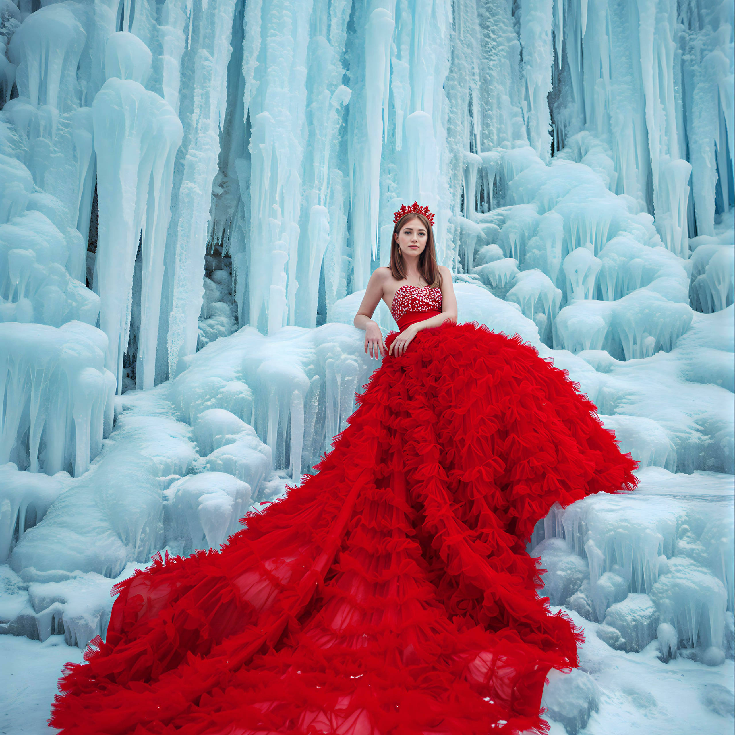 (Арт. 016-К) Красное каскадное платье со шлейфом