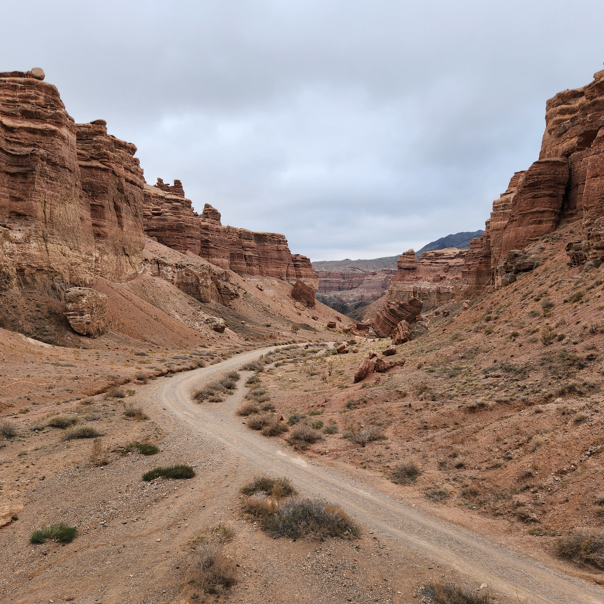 Пустынный пейзаж с извилистой грунтовой дорогой, проходящей между высокими скалами песочного цвета. Небо серое и облачное, подчёркивающее суровость Чарынского каньона.