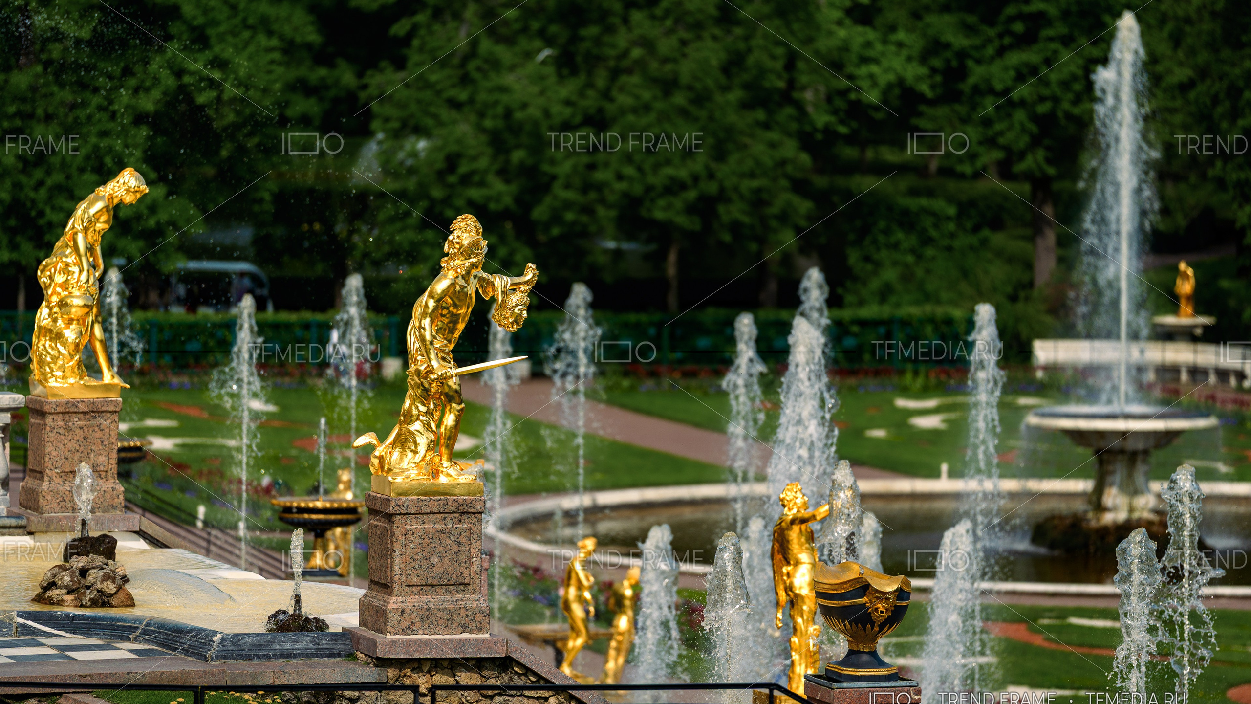 Фонтаны Петергофа с золотыми скульптурами — архитектурная и художественная фотосъёмка TrendFrame
