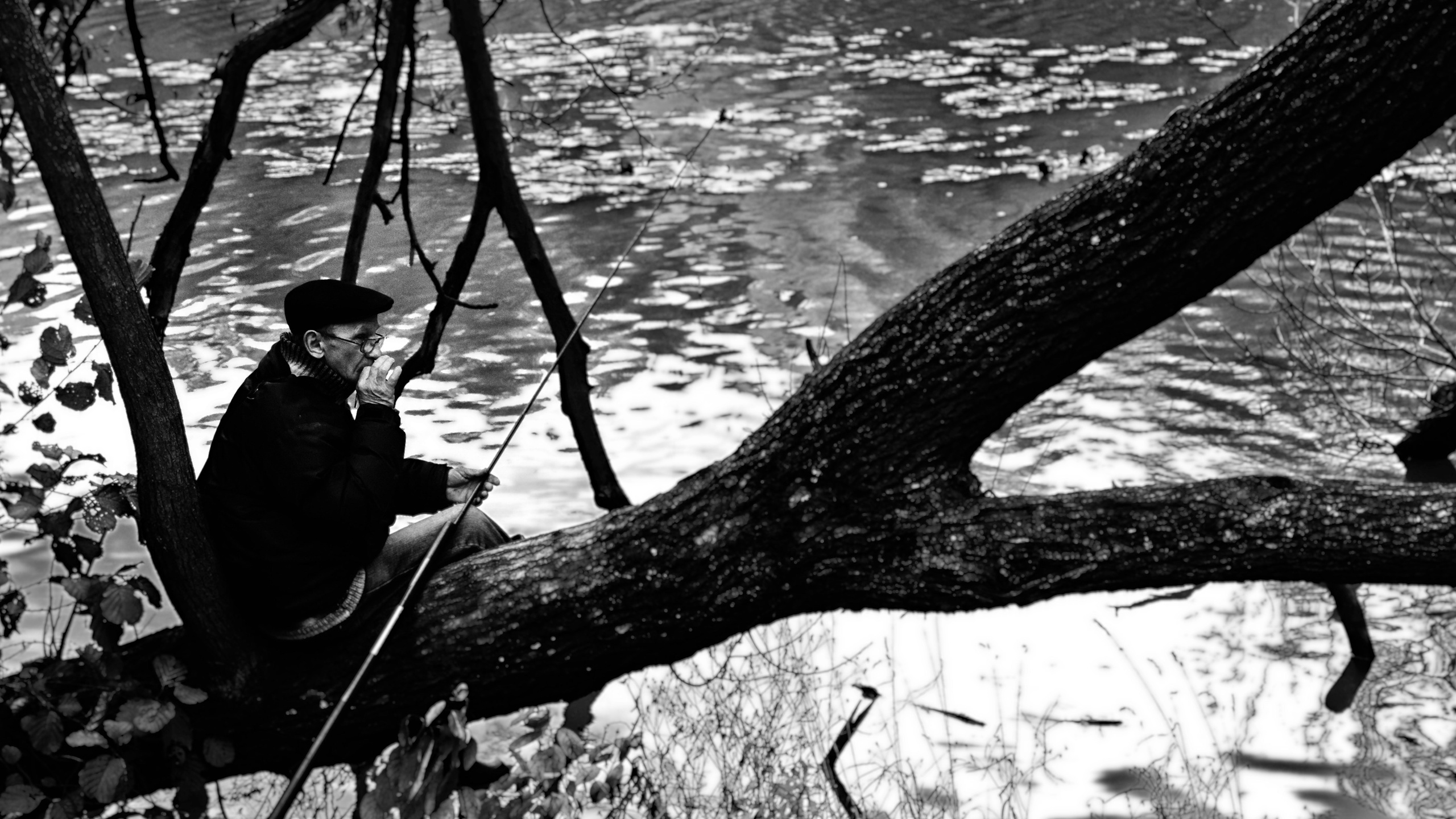 Рыбак в кепке сидит на дереве у реки с удочкой, черно-белое фото, отражение воды, созерцательный момент