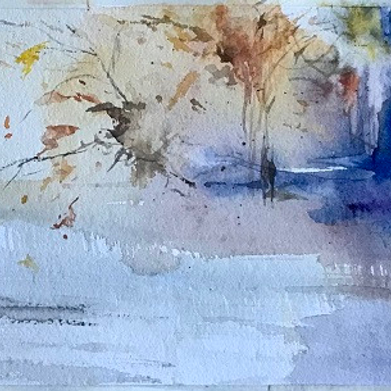 Интерьерная картина. "Питерская зима", акварель Ирэн Постольной.  Лес, деревья, пейзаж, осень, желтые листья.