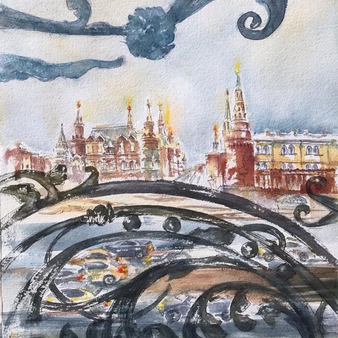 Из окна Националя, картина Ирэн Постольной, акварель, 50х38 см