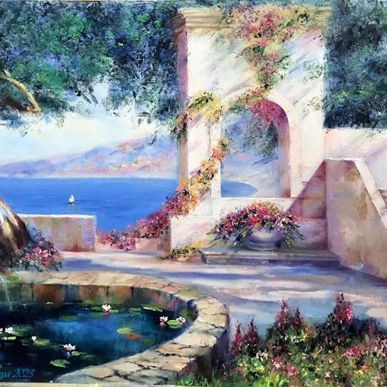 "Итальянская терраса" - интерьерная картина маслом Ирэн Постольной, вид на море, пруд