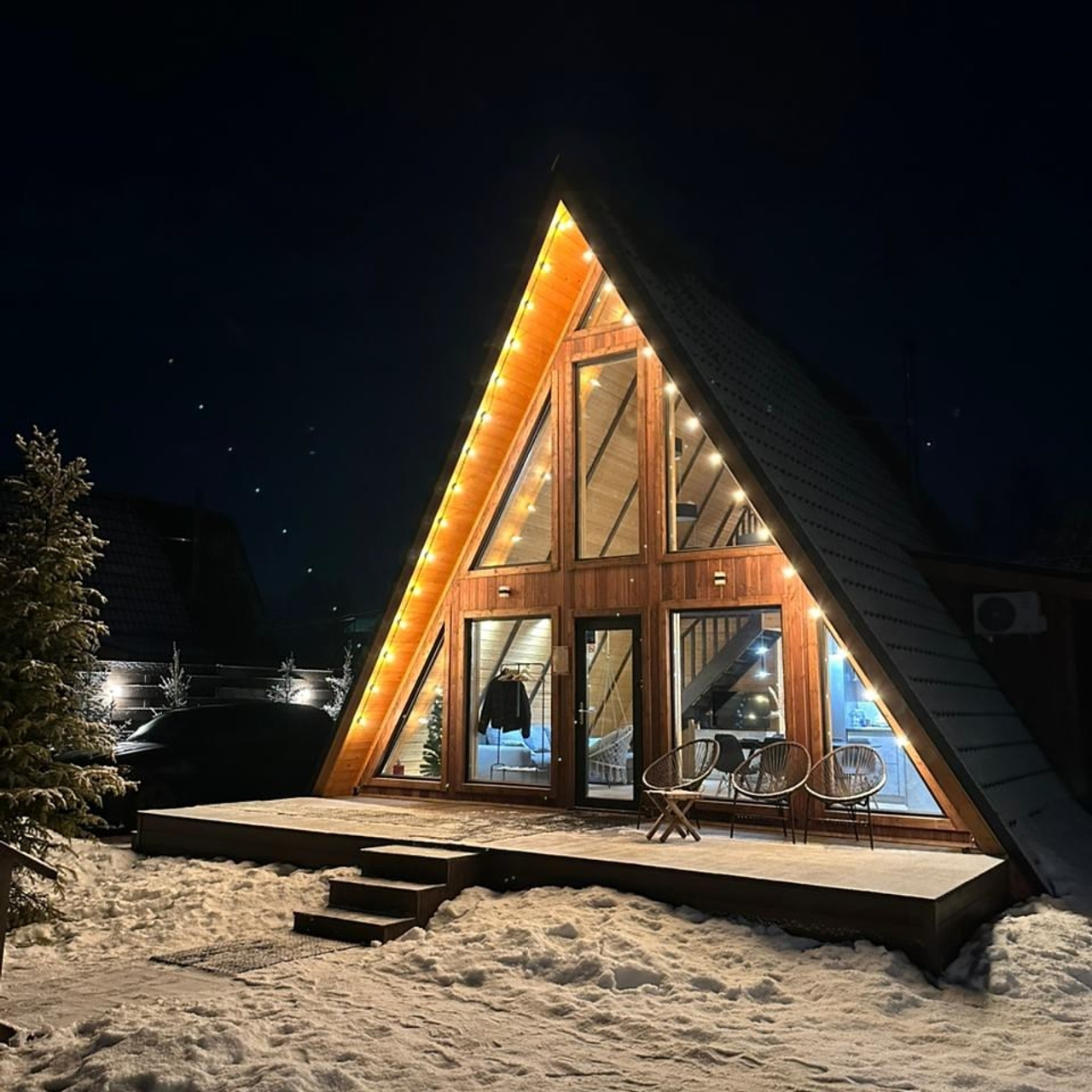 Аренда дома с чаном баней на Новый год - Загородный домик на 6 человек. Коттедж А-фрейм с баней и уличным чаном в Подмосковье - в аренду для отдыха