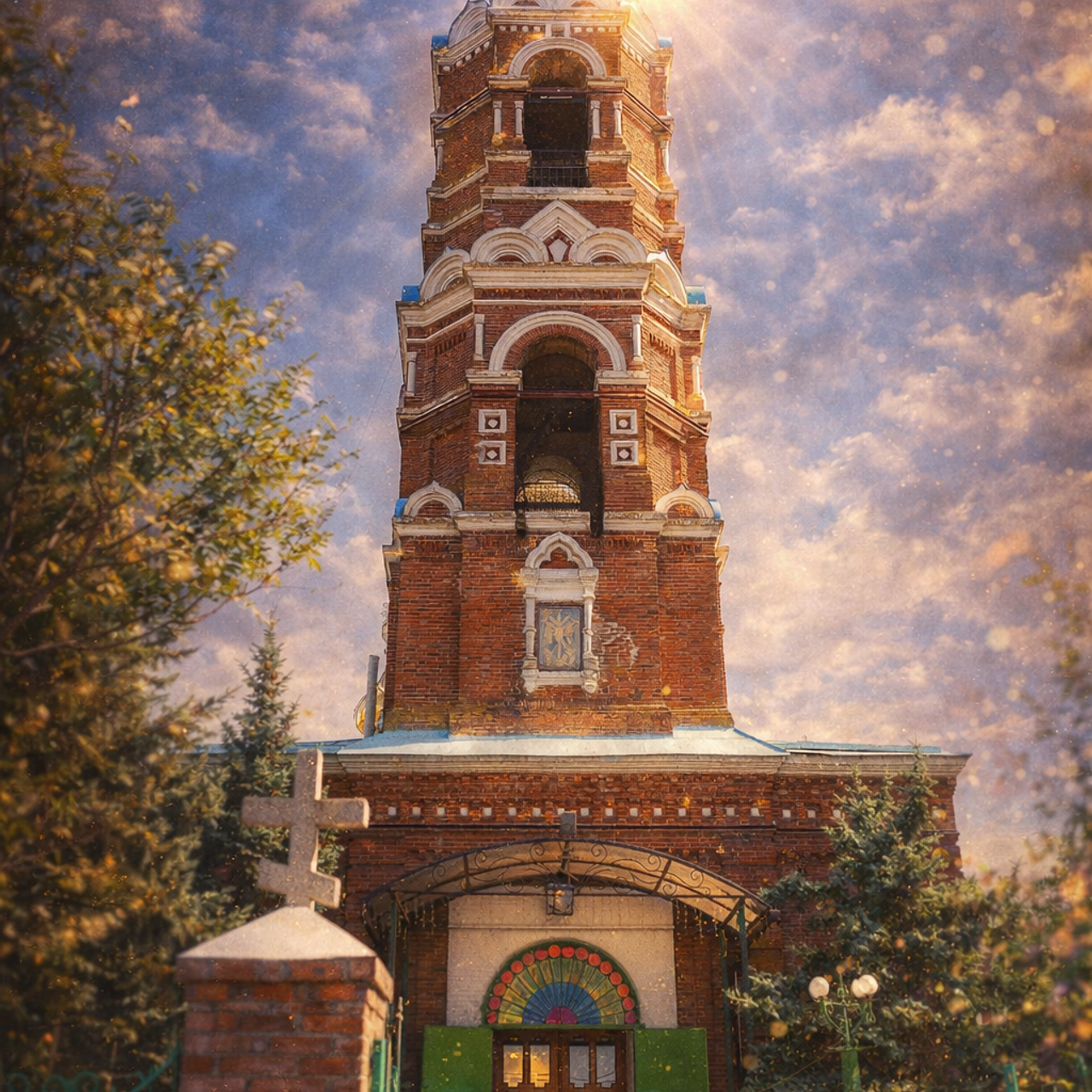 Преображенский храм в Обуховке, кирпичная колокольня православной церкви на фоне неба