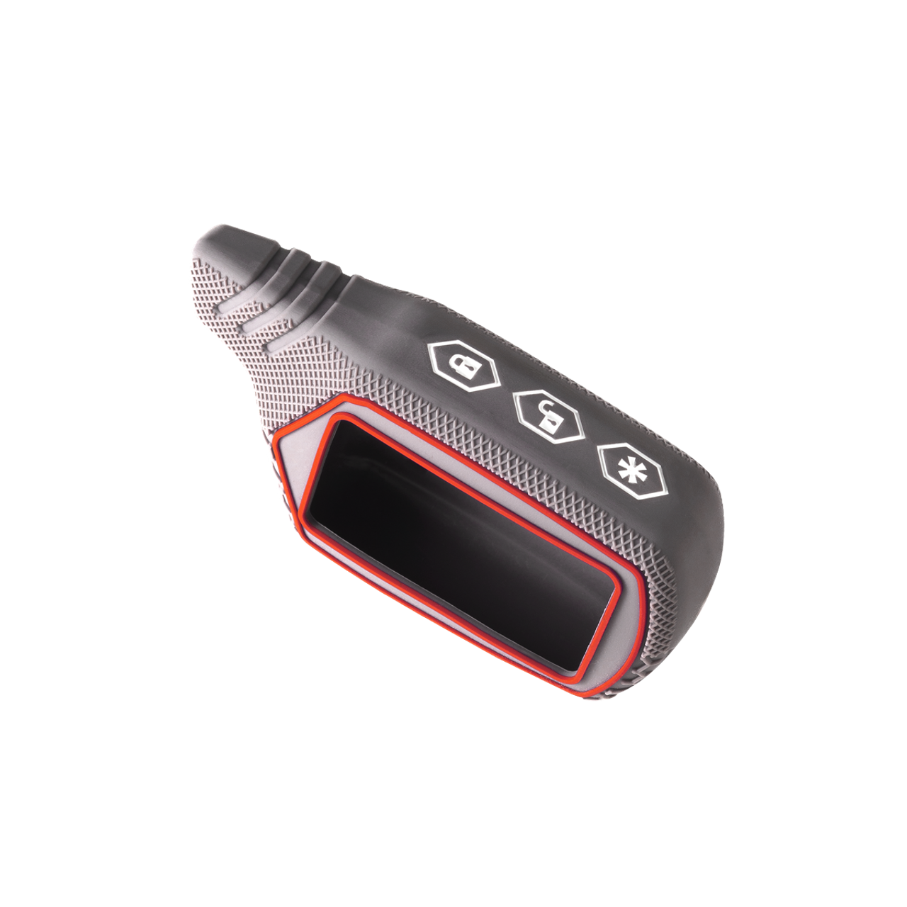 Силиконовый серый чехол с красными полосками для брелка автосигнализации на прозрачном фоне