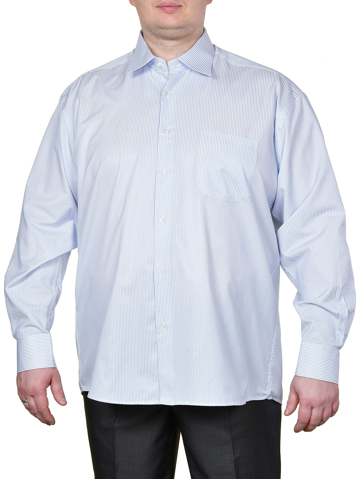 Рубашки больших размеров на модели на белом фоне.