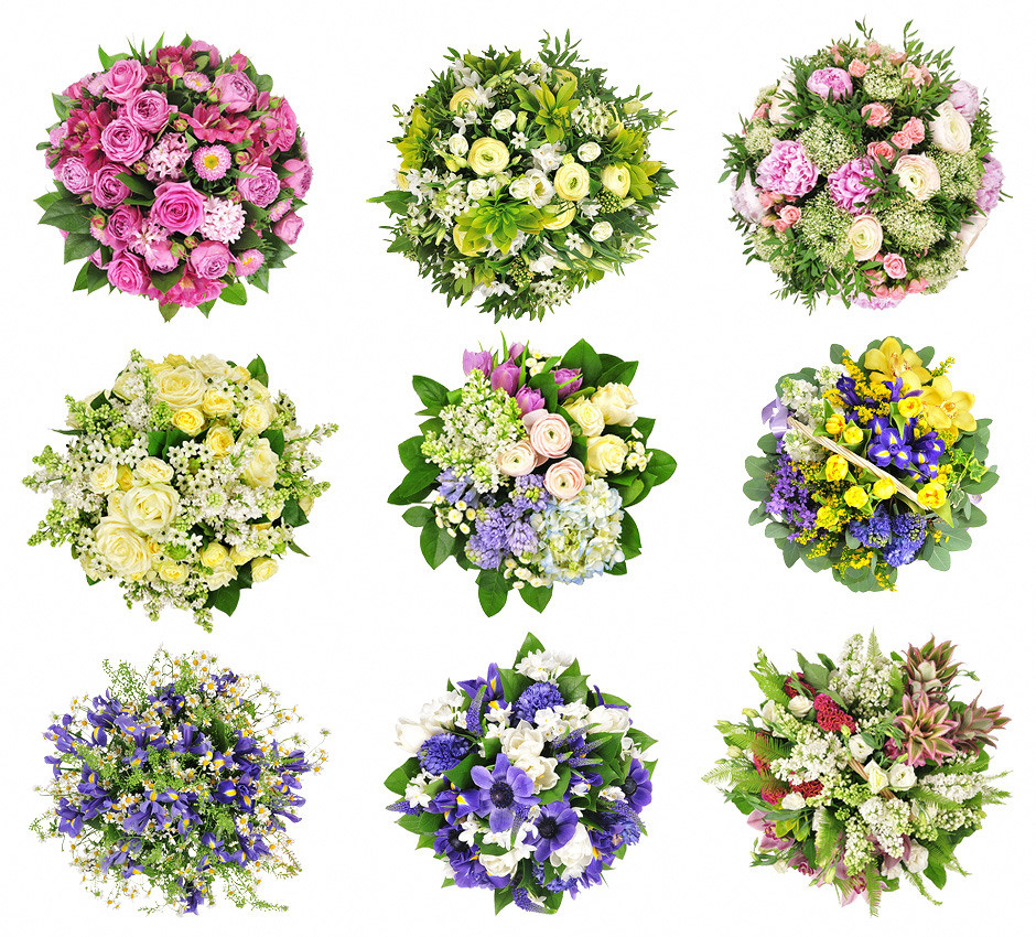 девять букетов цветов на белом фоне