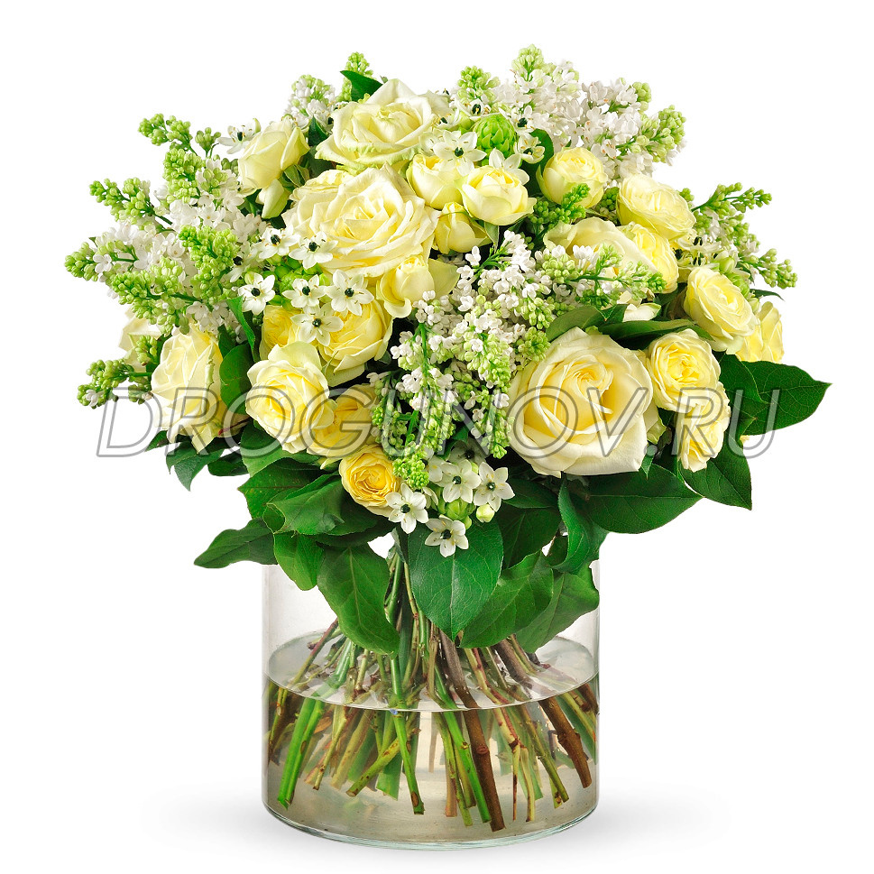 белая сирень и желтые розы в букете