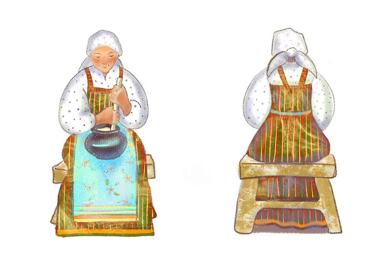 Хозяйка с горшочком, персонаж для вырезания, вид спереди и сзади. Фигурки Ольги Цуриной к книжке-игрушке Петушок и бобовое зёрнышко.