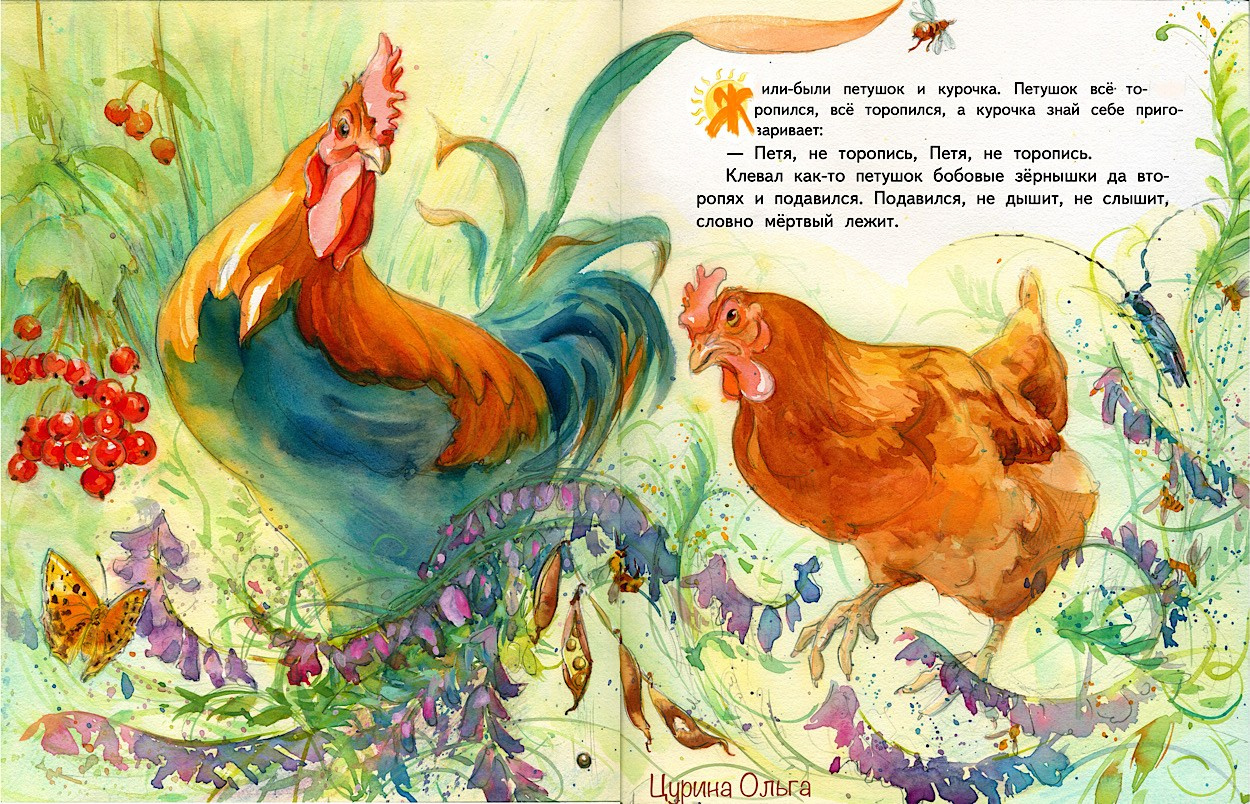 Петух торопится и давится бобовым зернышком. Рисунки Ольги Цуриной, книга Петушок и бобовое зёрнышко