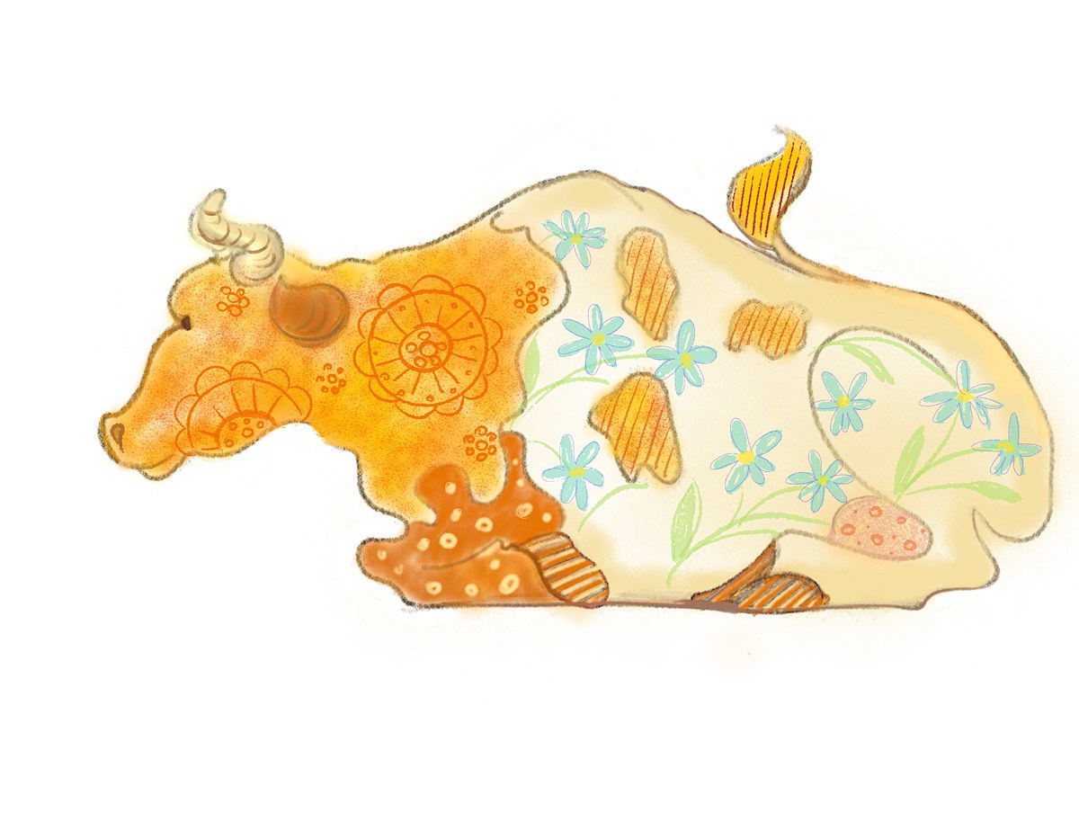 Корова с цветочным орнаментом, фигурка для вырезания. Акварельные рисунки Ольги Цуриной, книжка-игрушка Петушок и бобовое зёрнышко