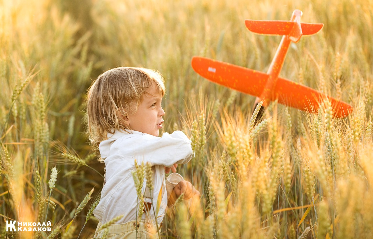 Портрет активного  маленького мальчика с светлыми волосами, играющего с игрушечным самолетом в пшеничном поле в лучах заката.