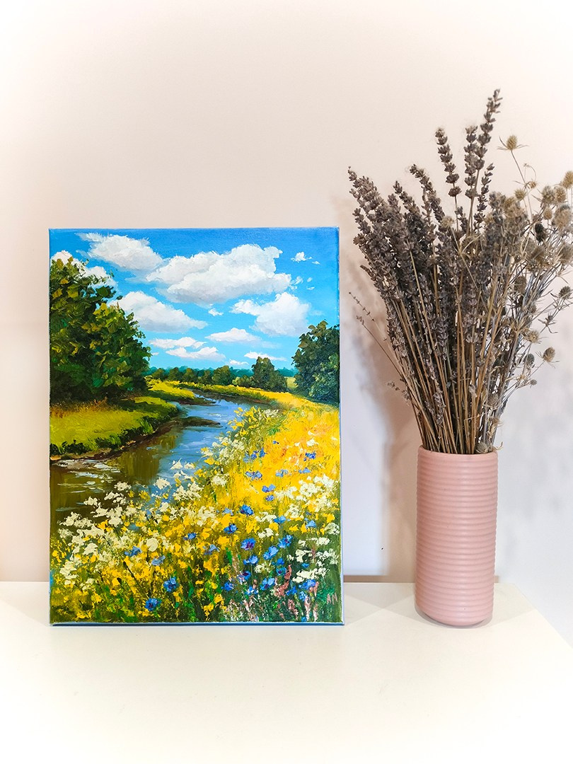 Картина с рекой и деревьями — авторская живопись на холсте. Купить картину в Саратове