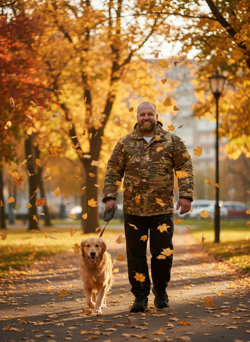 та фотогарфия относится к серии генераций с белогот фона, у меня было изображение мужчины в курке цвета хакки, мы загрузили его в бота и попросили сгенерировать сцену на которй он гуляет в парке с золотыми осенними листьями.