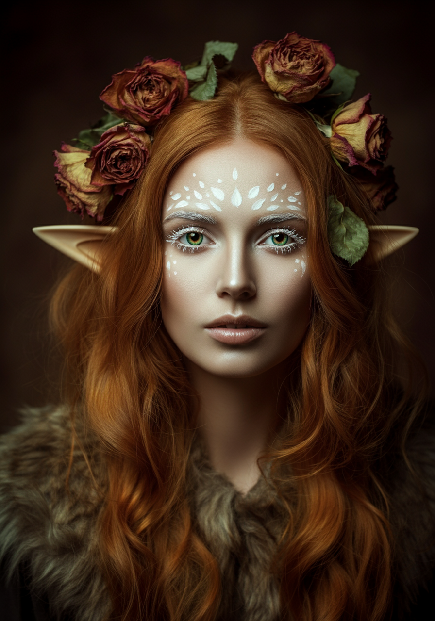 Женский образ для фотосессии в стиле фэнтези. Референс для портретной съёмки в студии с девушкой в эльфийских ушках, позирующей с мёртвыми розами на голове