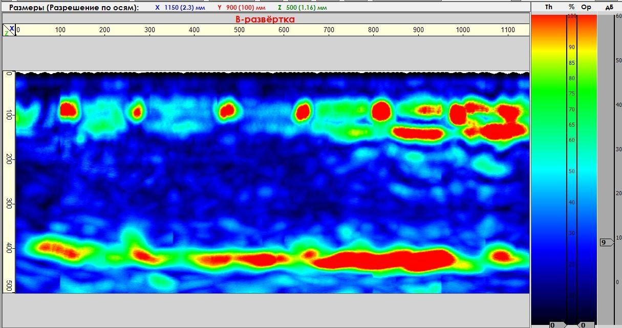 Определение параметров армирования фрагмента монолитной железобетонной плиты перекрытия ультразвуковым эхометодом (метод ультразвуковой эхо-томографии). B-томограмма (B-скан)