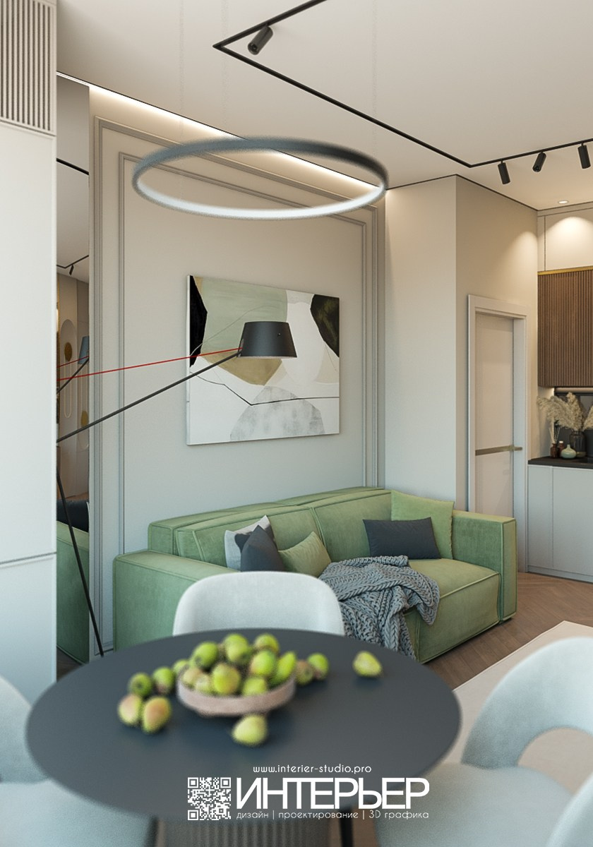 Дизайн-проект зоны гостиной-кухни в однокомнатной квартире в г. Кисловодске. Дизайн интерьера, 3D визуализация и 3D моделирование. Создание проектов и чертежей. КМВ: Кисловодск, Пятигорск, Ессентуки и удаленно