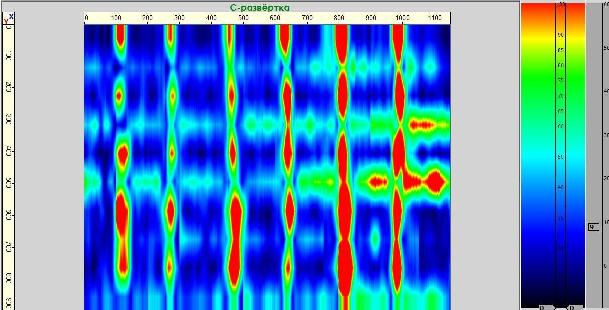 Определение параметров армирования фрагмента монолитной железобетонной плиты перекрытия ультразвуковым эхометодом (метод ультразвуковой эхо-томографии). C-томограмма (C-скан)