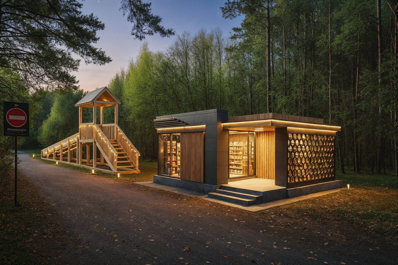Визуализация павильона и деревянной горки в лесу с тёплой архитектурной подсветкой.